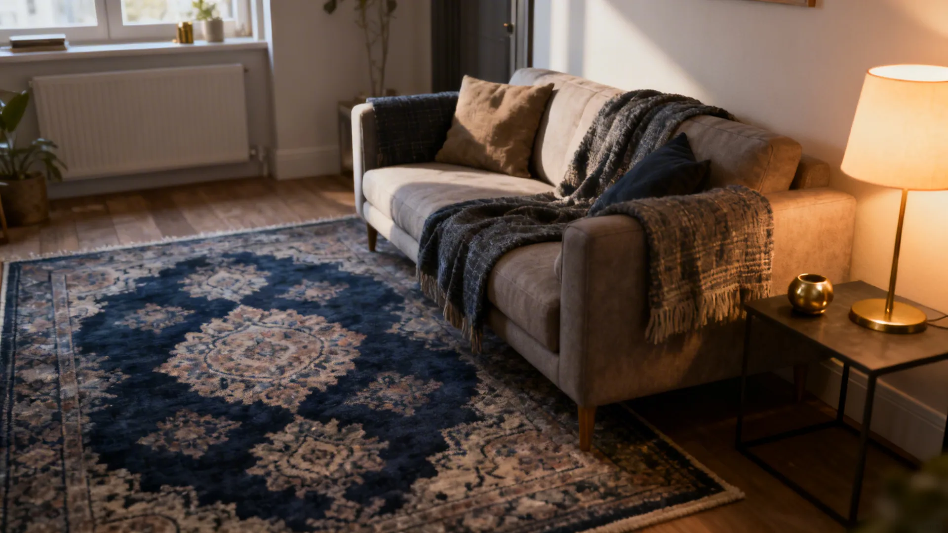 Compact living room with a tone-on-tone patterned navy rug and brass accents.