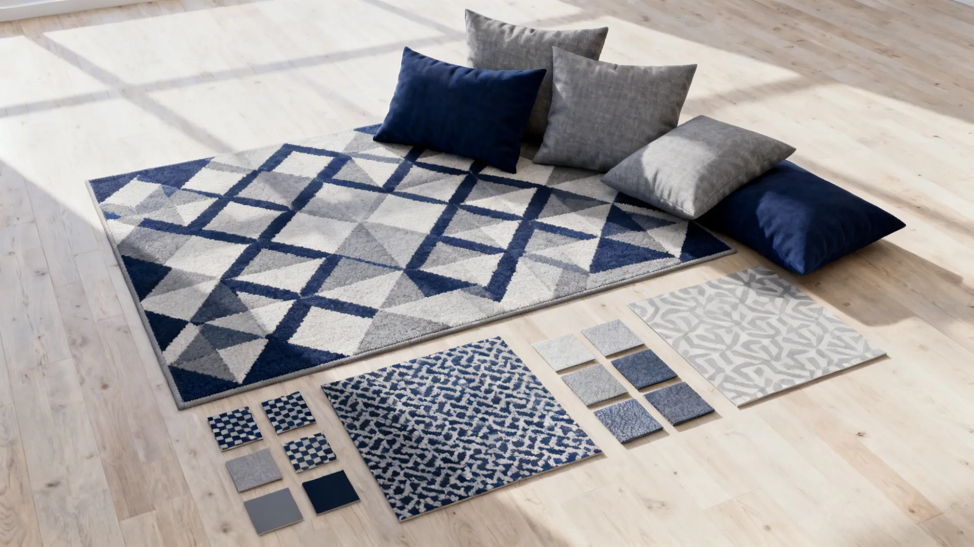 Top-down flatlay of navy and grey patterned textiles and rug samples on pale wood.