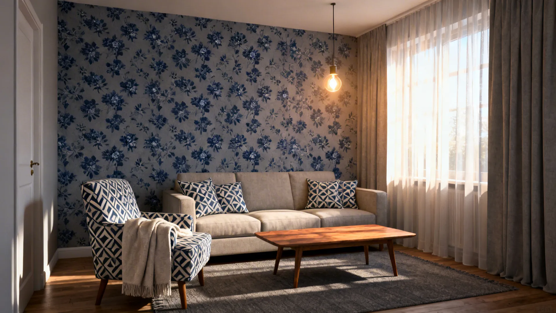 Small living room with small-scale navy pattern on a grey base used in wallpaper or textiles.