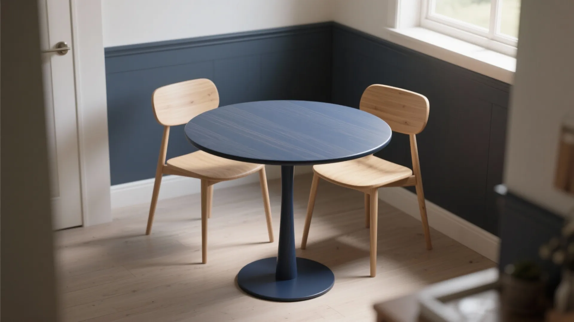 Small round navy blue table with two wooden chairs near dark blue wall panel corner