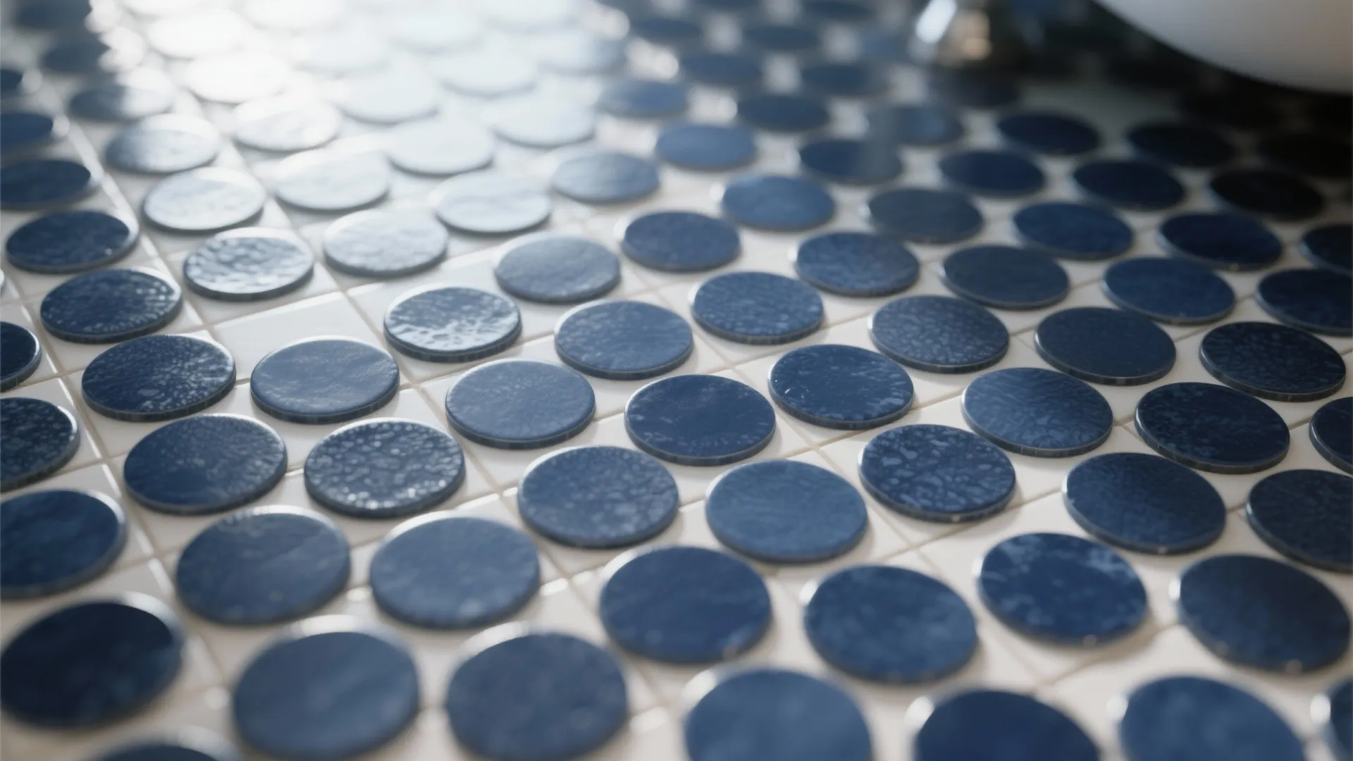 Close up view of round navy blue floor tiles with white grout in a modern bathroom