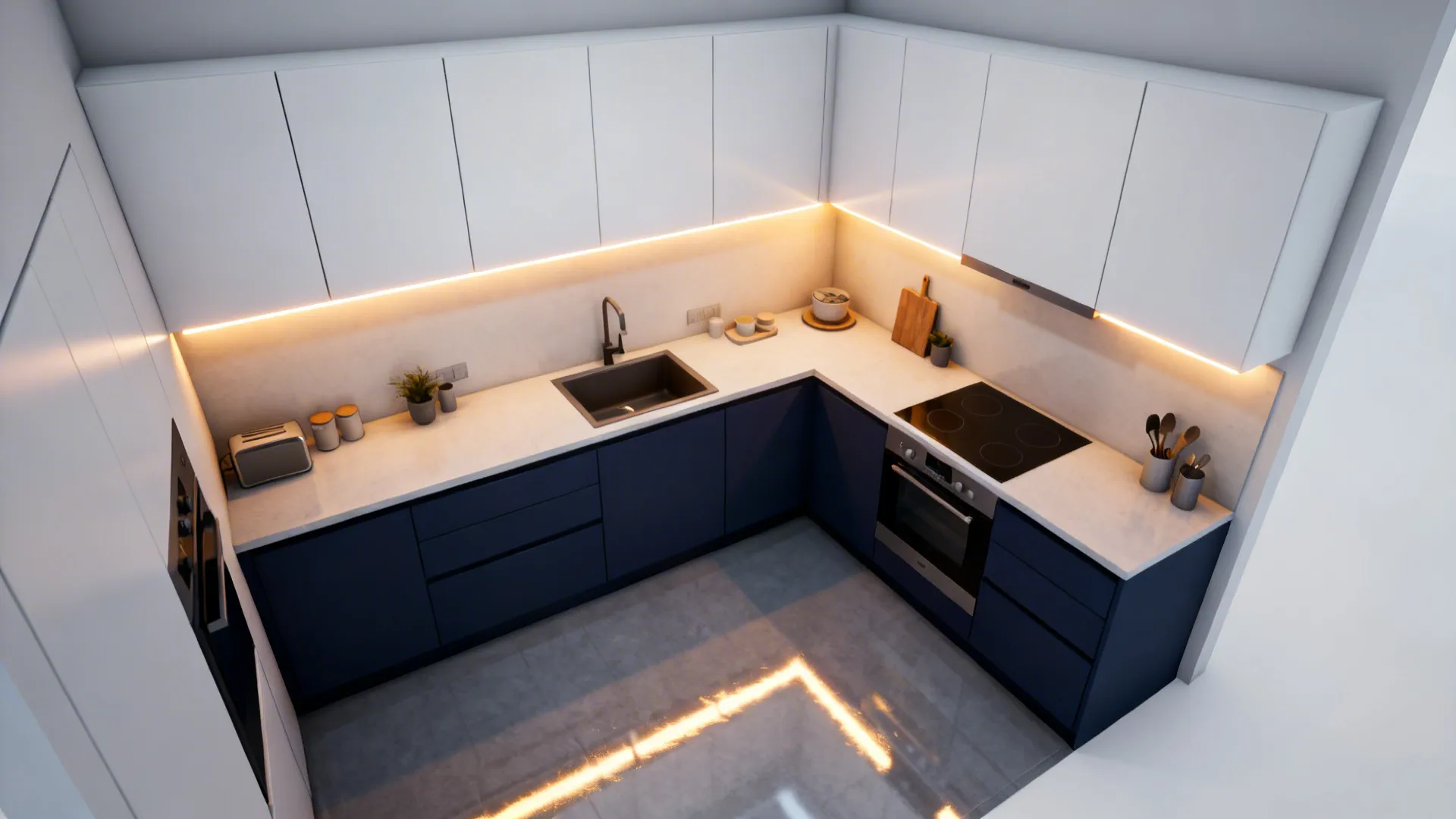 5) Navy + White + Warm LED (Classic with Modern Light)