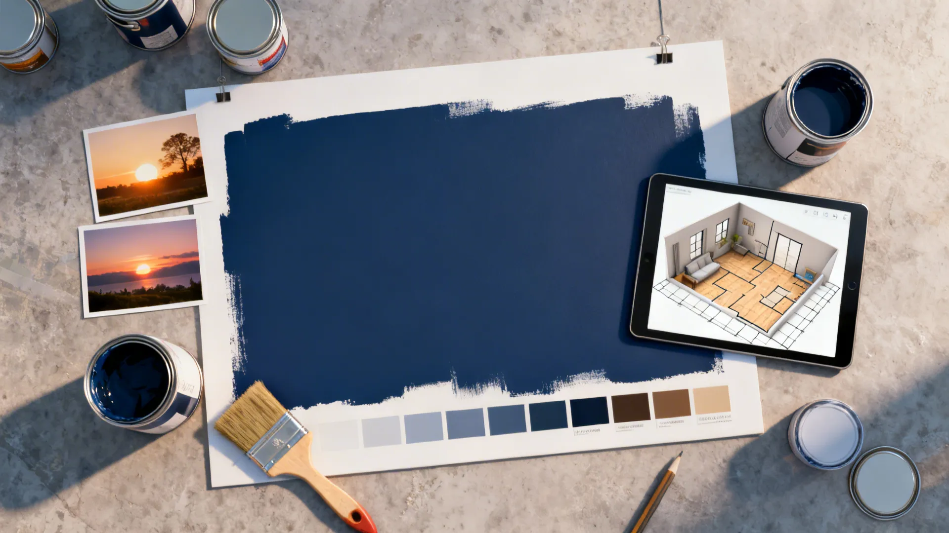 Top-down planning layout with navy swatches, tools, and a 3D floor planner on a tablet.