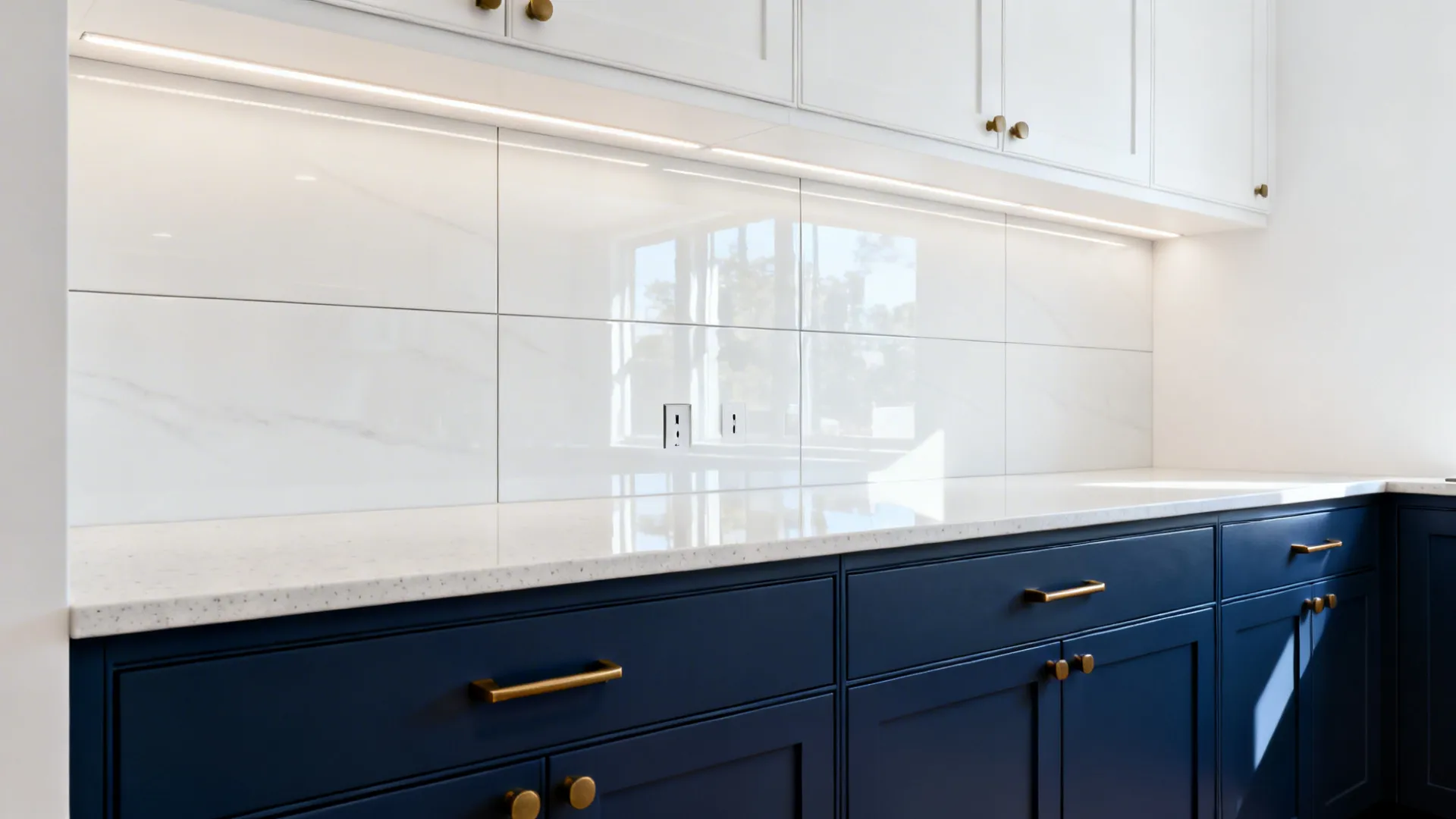 Navy base cabinets + large-format porcelain slabs