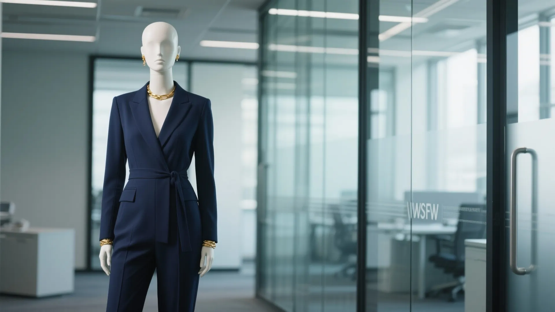 Navy tailored jumpsuit displayed in modern office