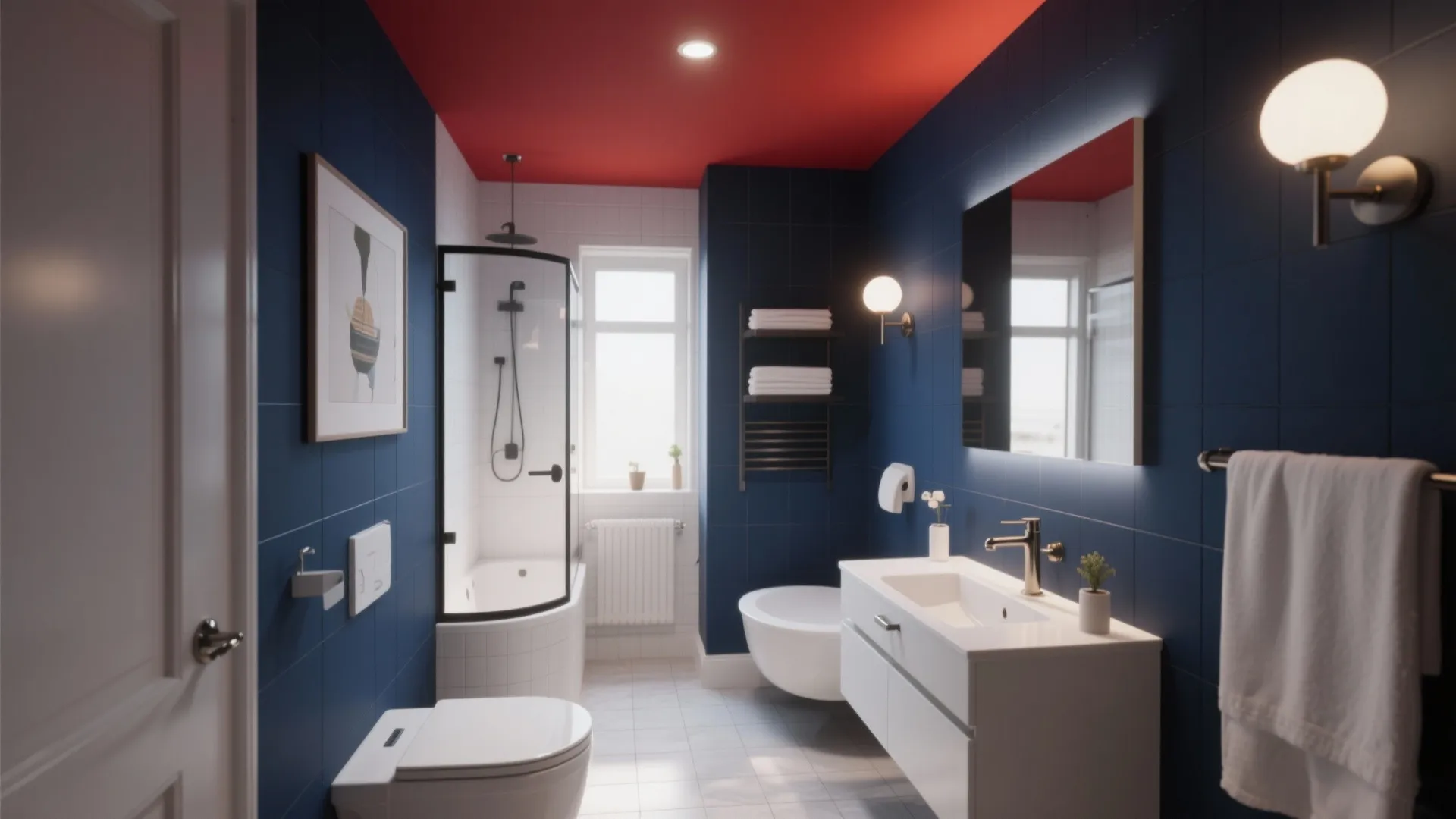 Modern bathroom with navy blue walls red ceiling white sink cabinet mirror and glass shower