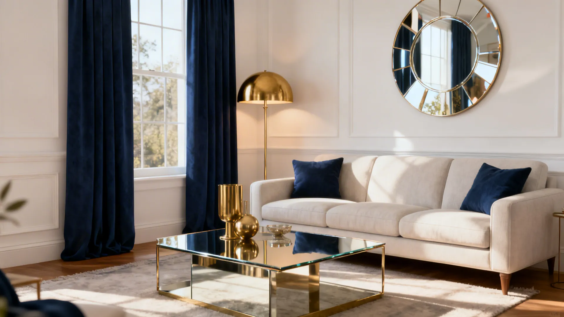 Modern living room featuring white sofa blue pillows gold floor lamp and round wall mirror