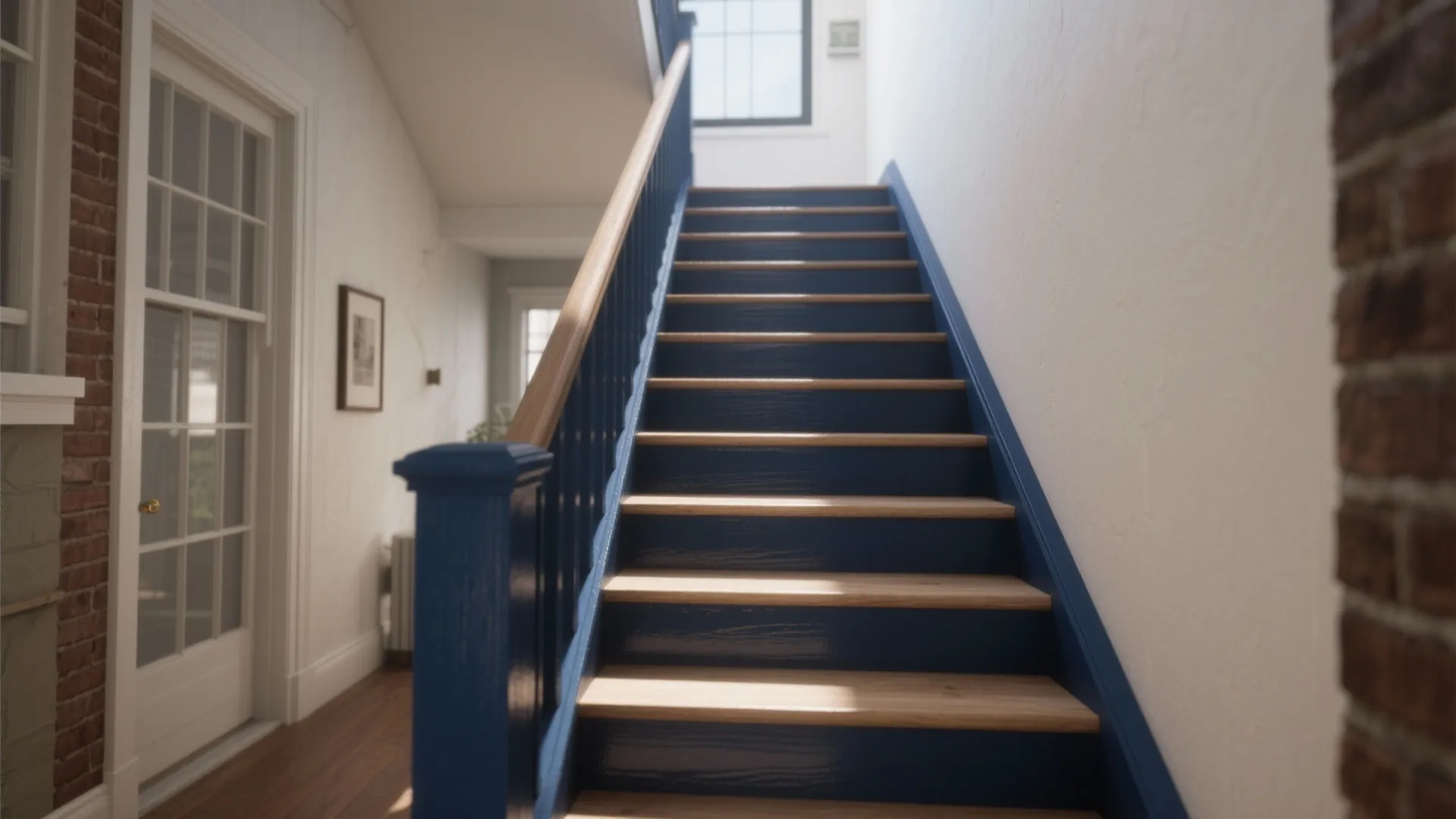 Indoor wooden staircase featuring navy blue painted risers white walls a handrail and red brick wall