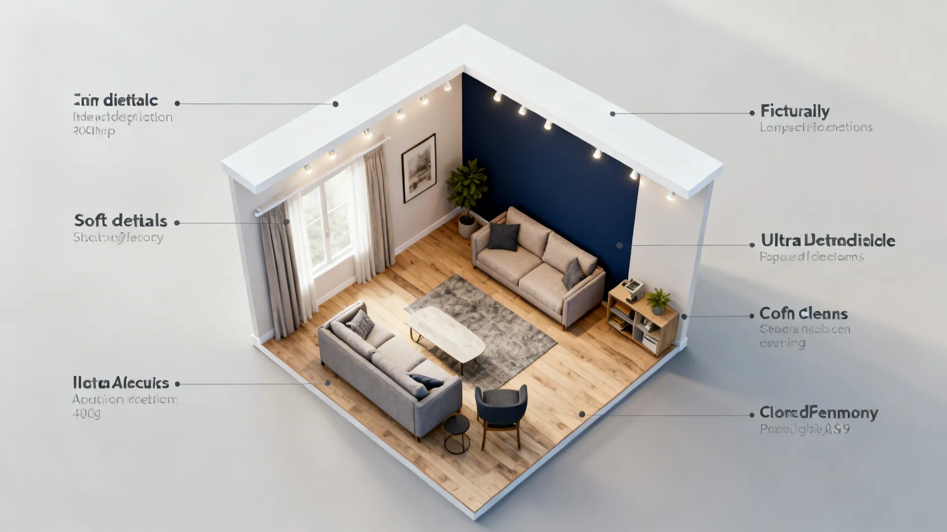 Top-down mockup of a small living room layout with a highlighted navy accent wall and lighting notes.