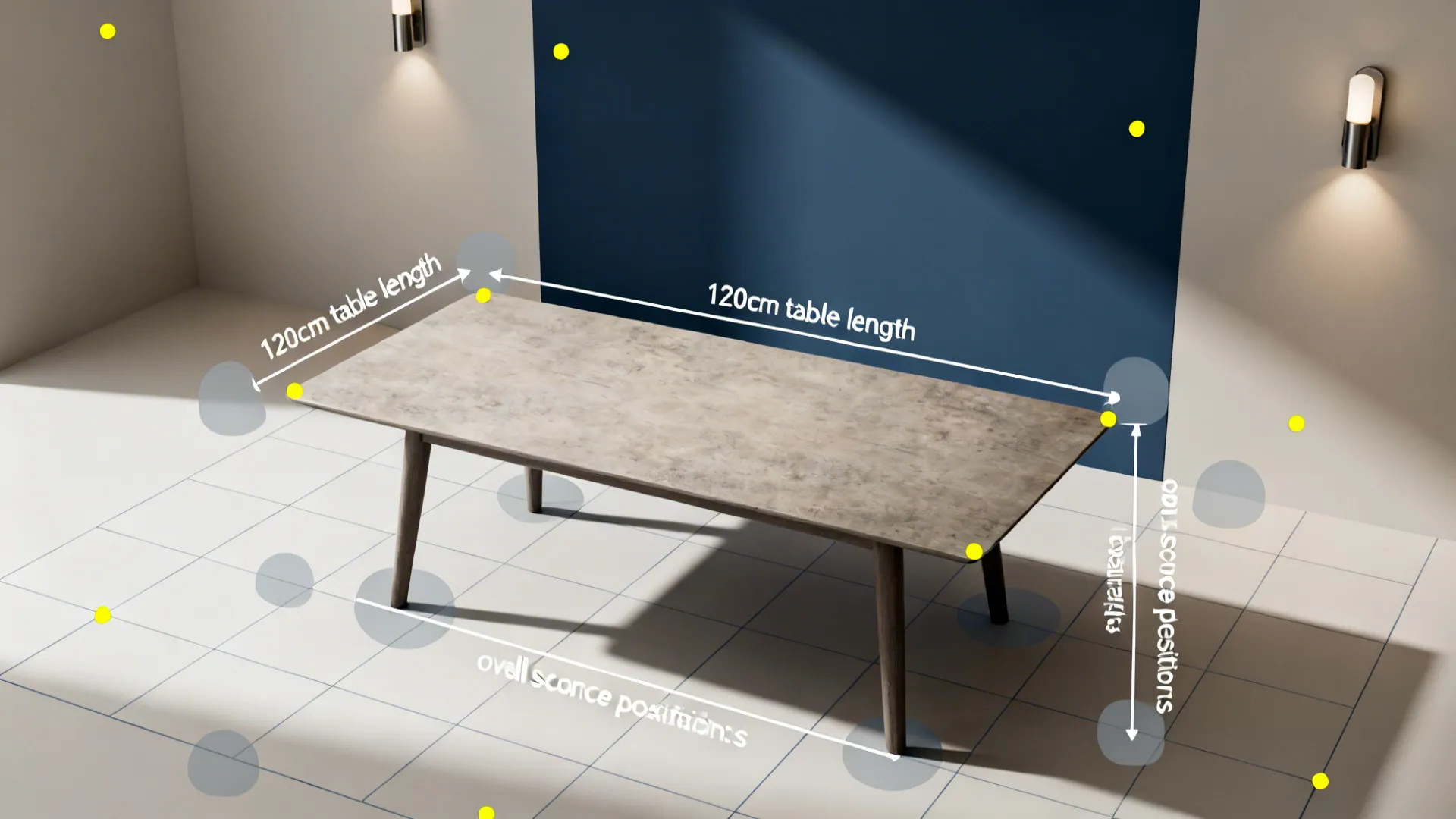 Top-down 3D room plan showing a dining table, clearance markers, and a highlighted navy wall