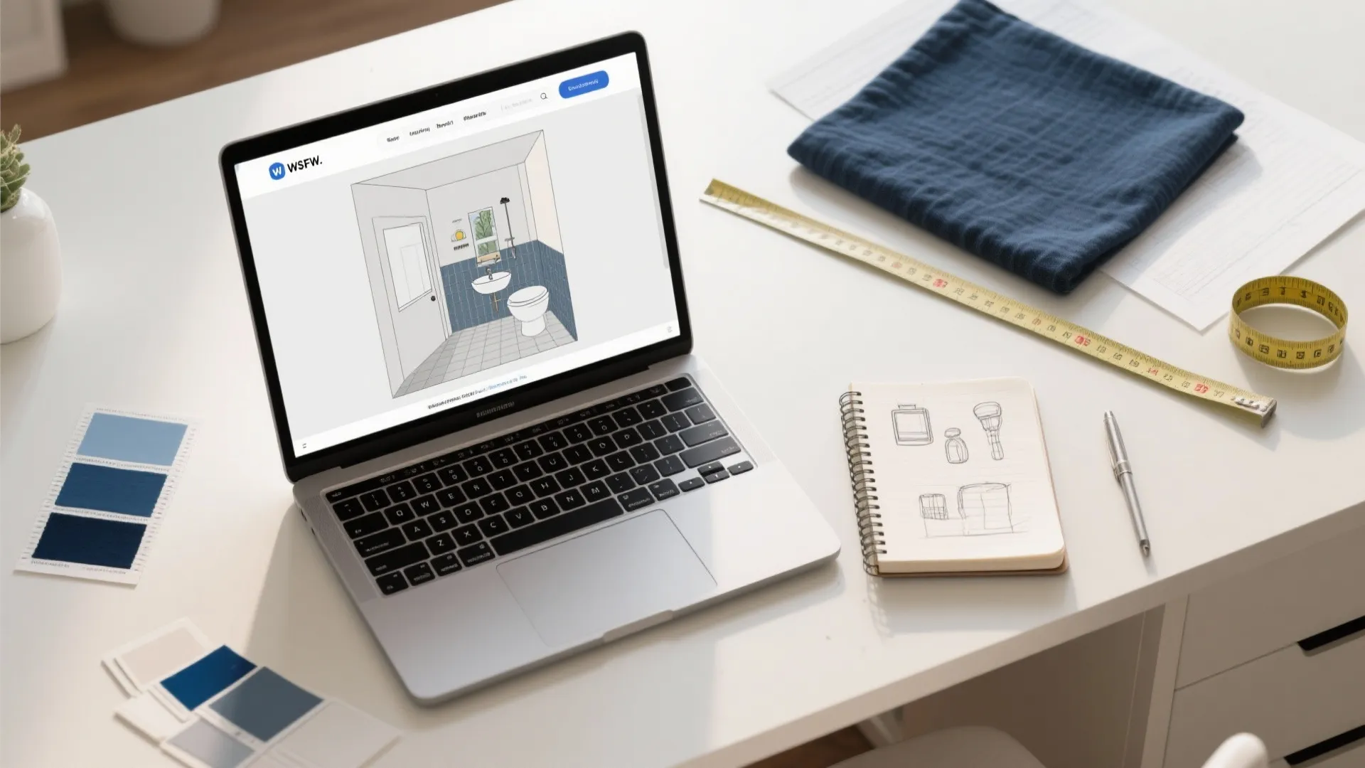 Top-down flatlay of a laptop showing a bathroom mockup, navy swatches and measuring tools.