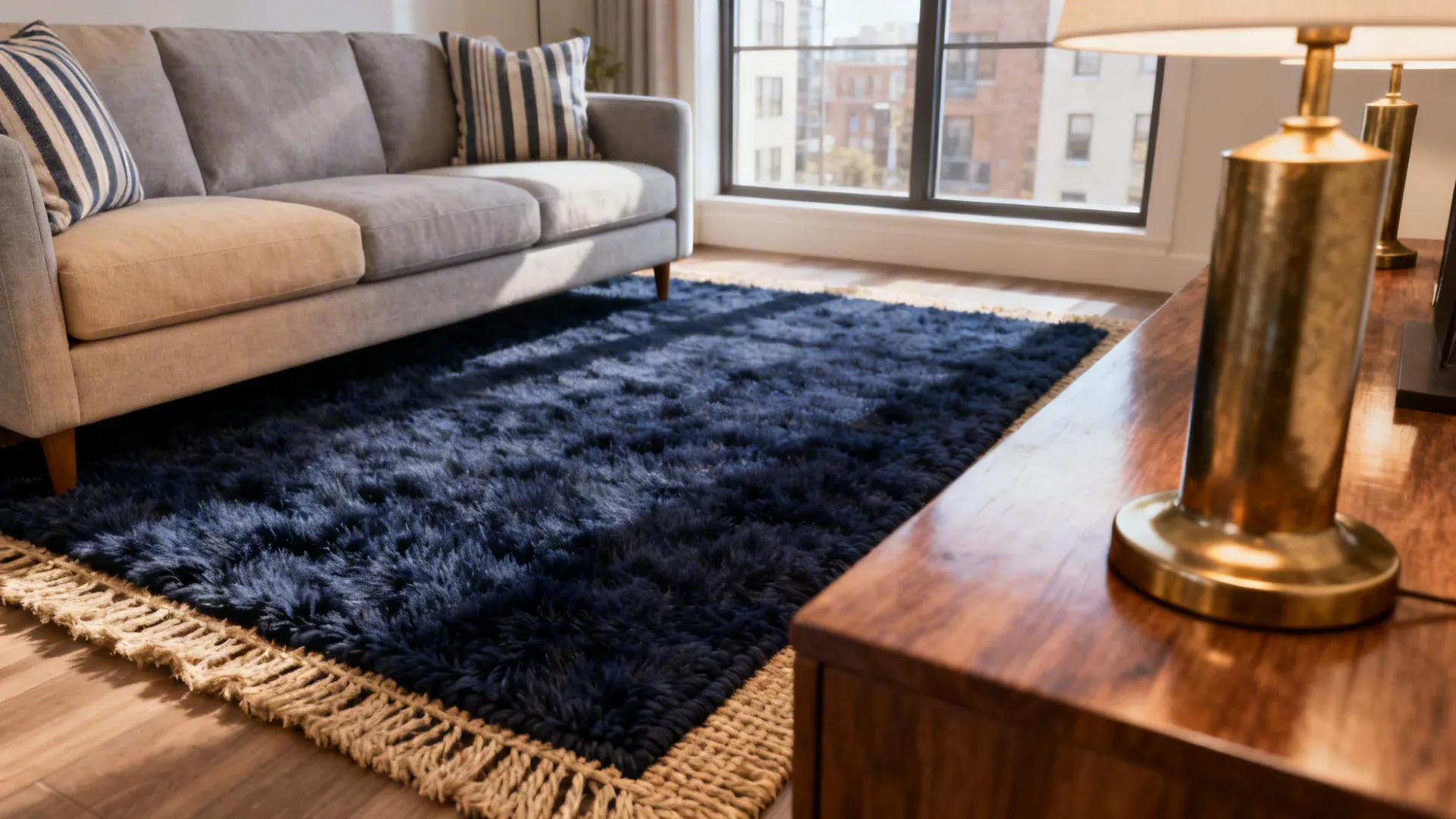 Modern living room featuring grey sofa and navy blue rug on light brown wooden floor