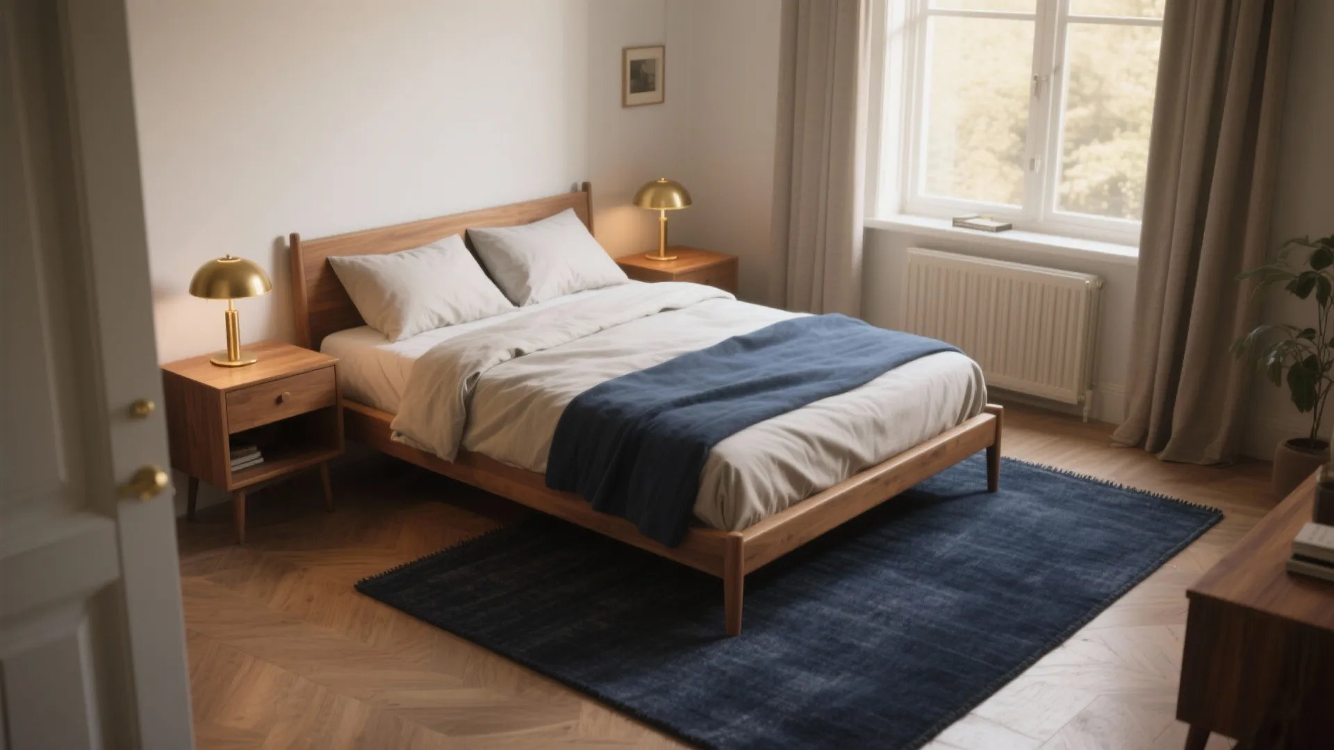 Modern bedroom with wooden bed frame navy blue area rug gold table lamps and windows