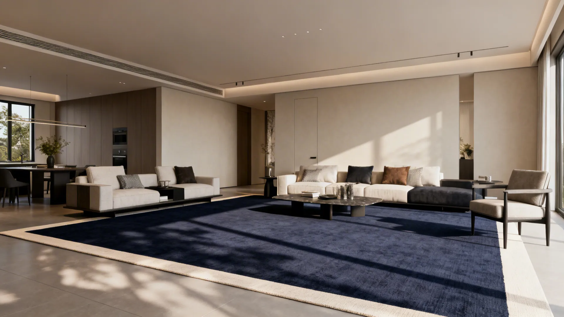 Open-plan living area with a navy rug featuring a light border defining the seating zone.