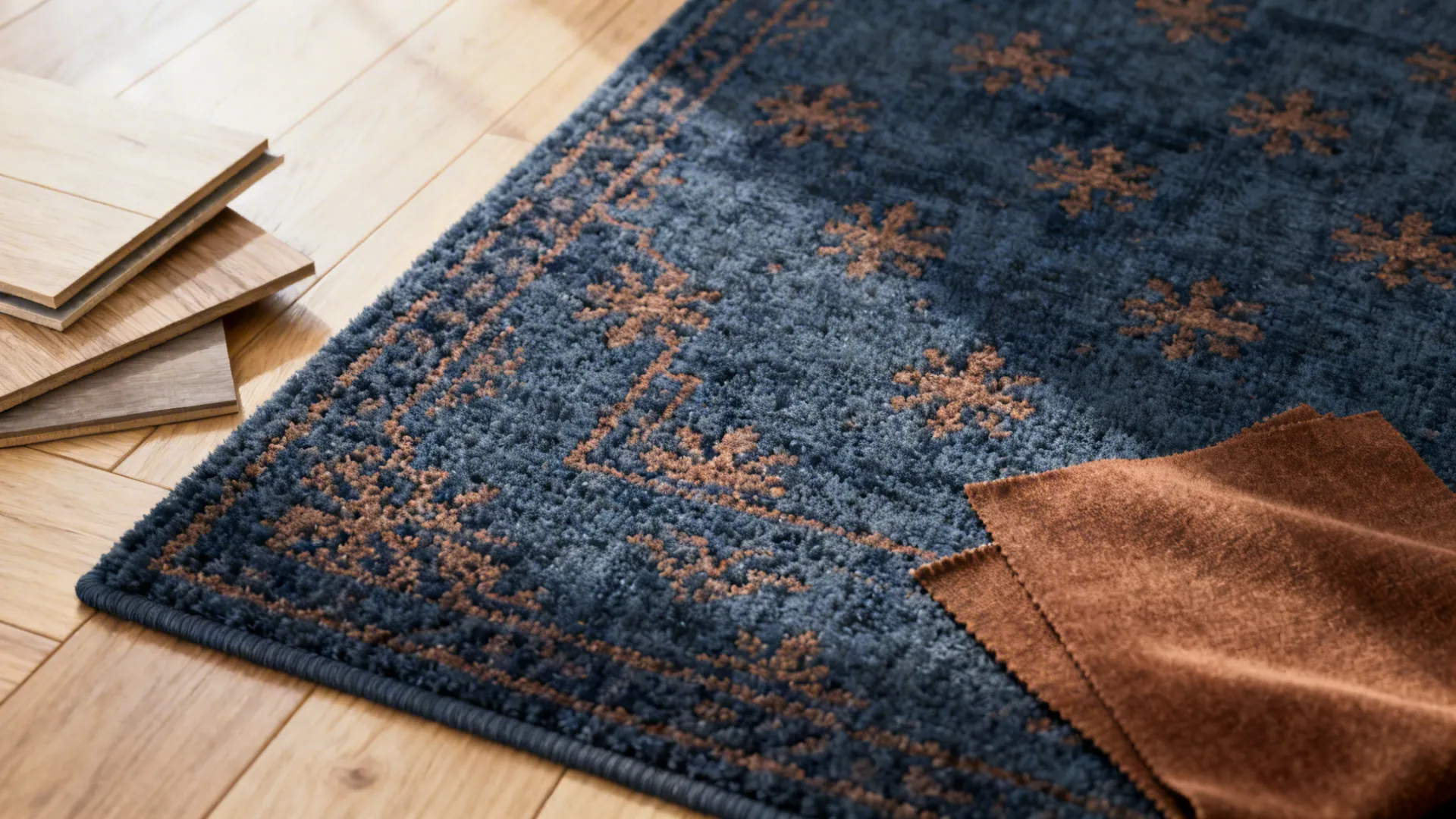 Patterned navy rug with brown motifs shown with textile swatches and floor samples