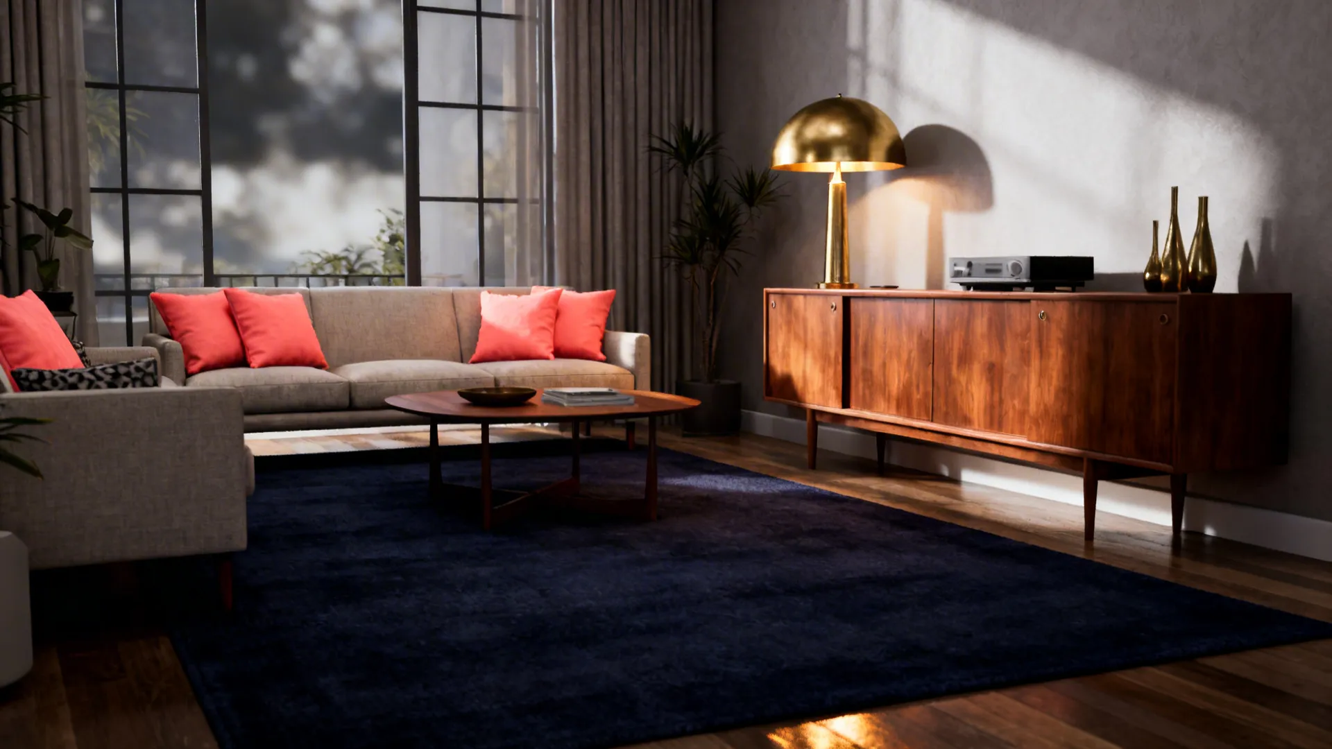 Mid-century living room with a navy rug and coral, brass accents for dramatic contrast.
