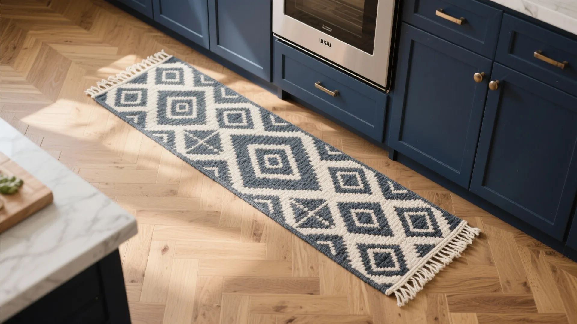 Long blue and white pattern rug on wooden floor next to blue kitchen cabinets and oven