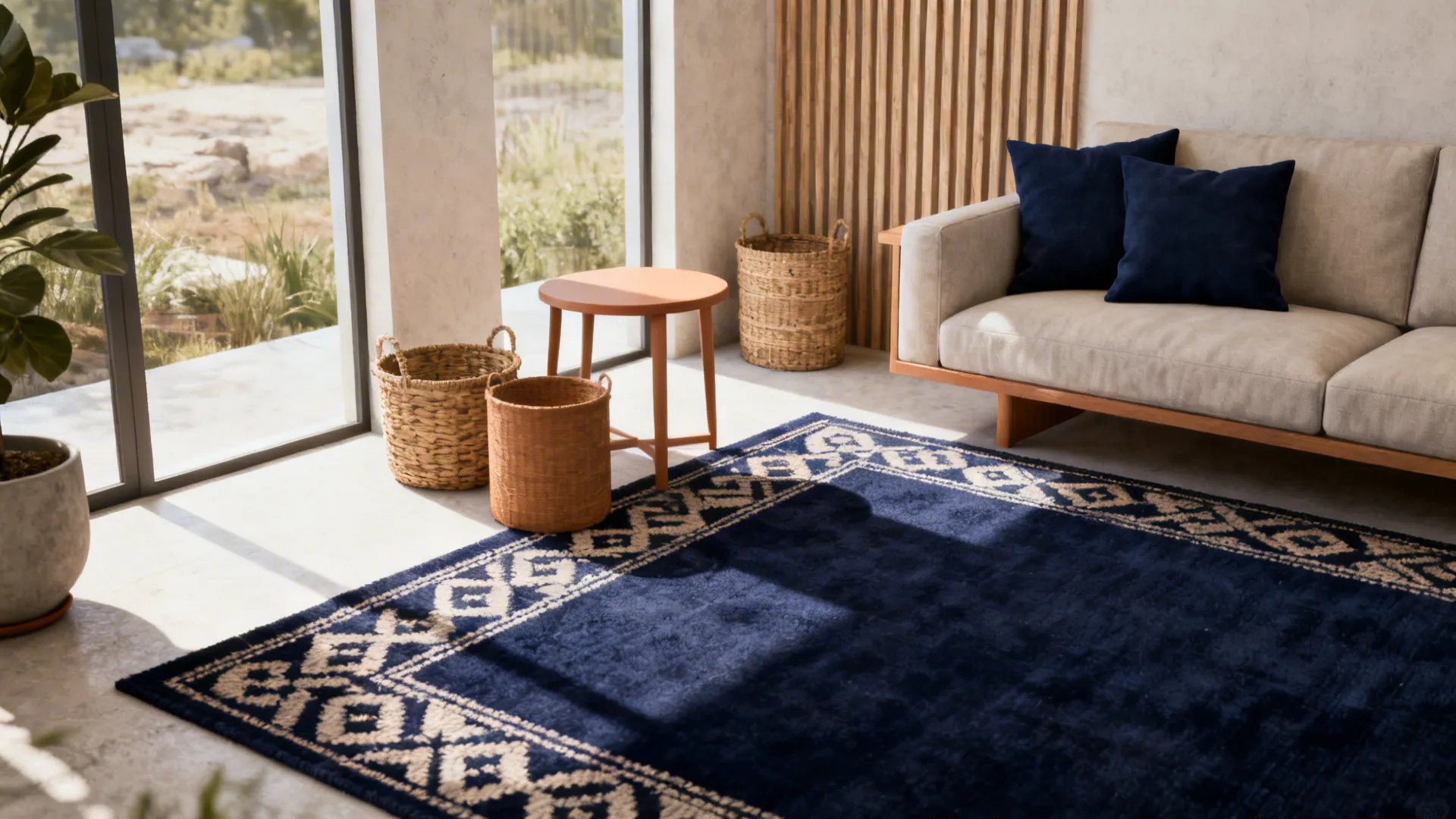 Seating area with deep navy rug and light brown accent tables and baskets.