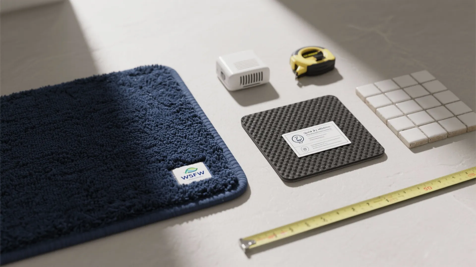 Dark blue rug shown with measuring tape white wall tiles and other home bathroom materials