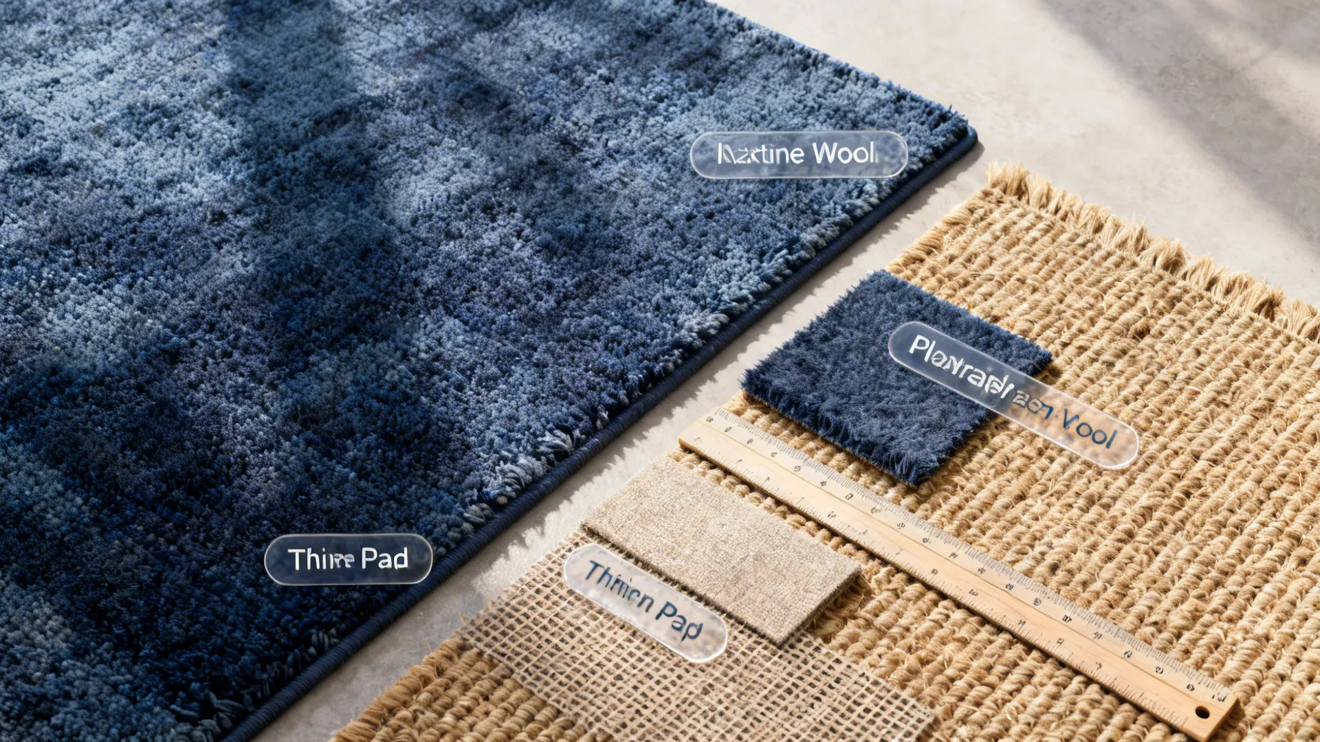 Top-down flatlay of navy rug material swatches and a thin rug pad.