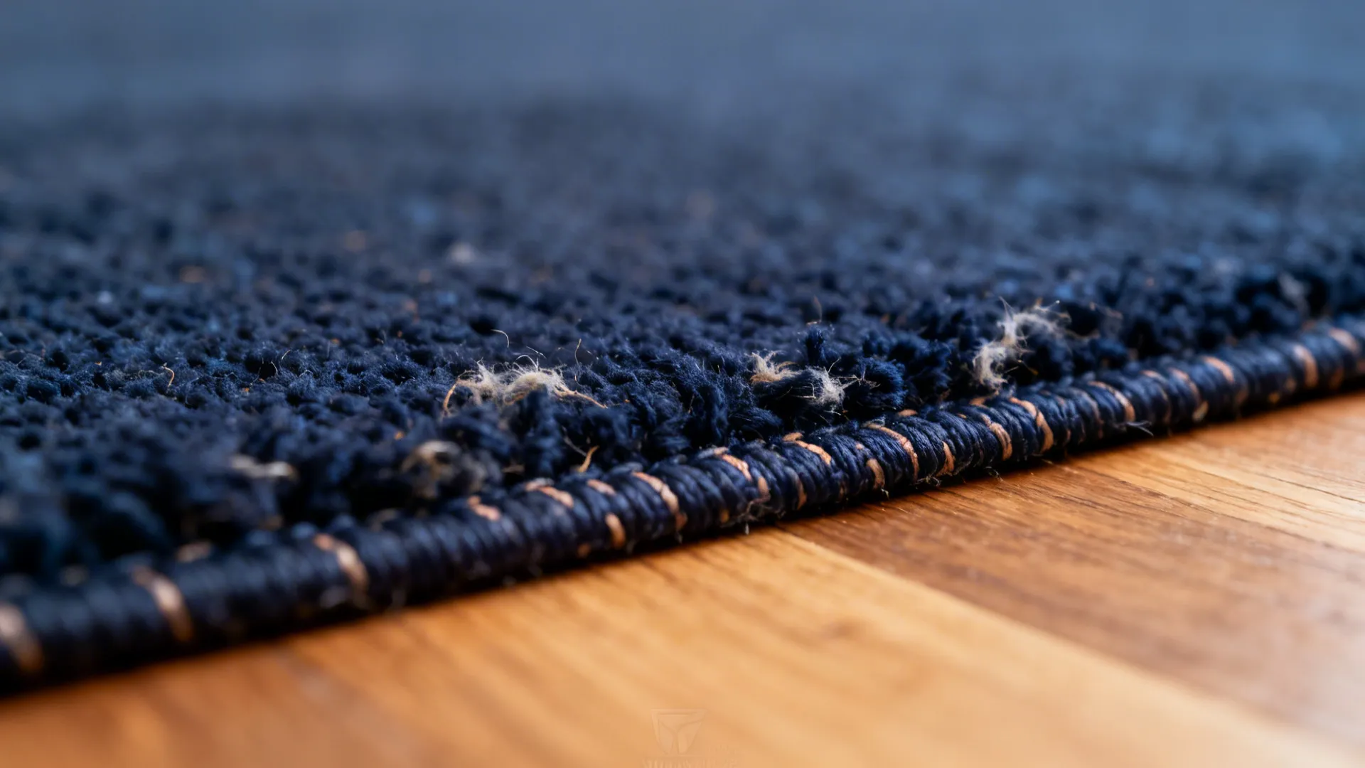 Macro view of deep navy rug fibers and subtle border next to warm wood floor