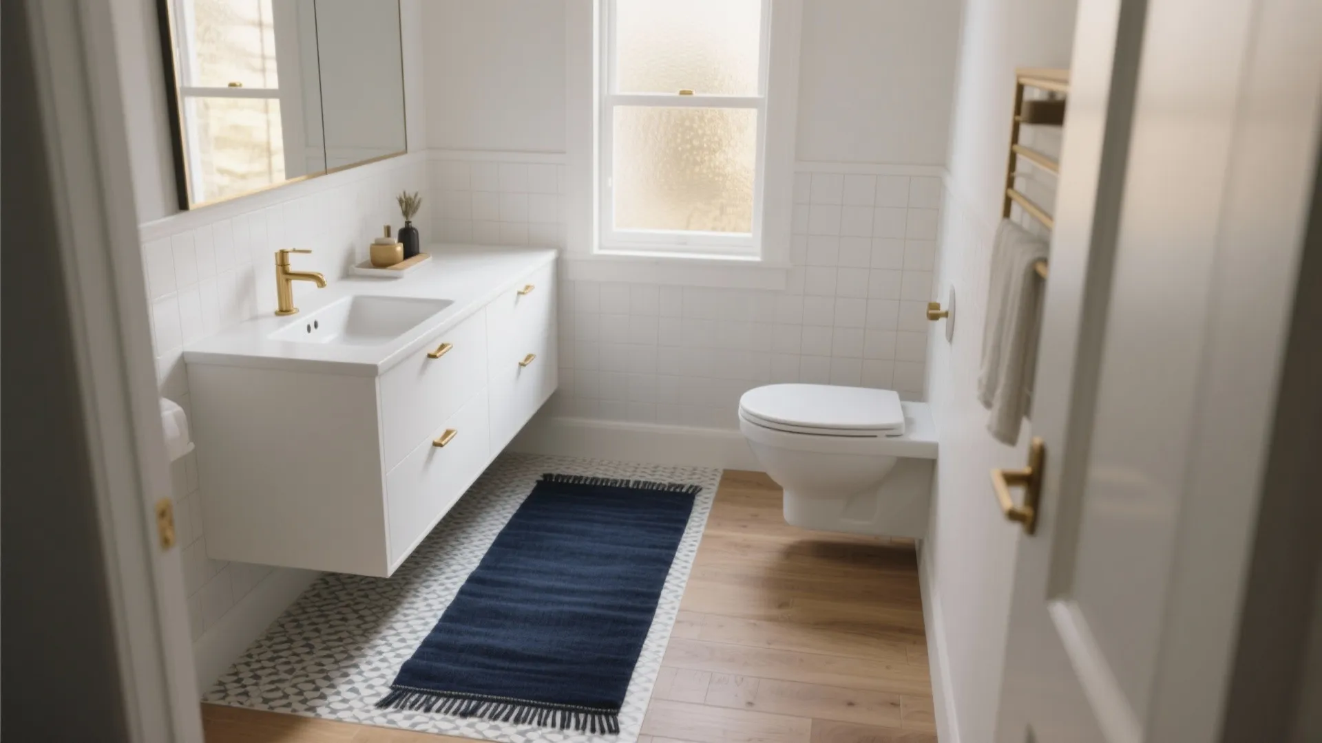 Small bright bathroom with white cabinet gold faucet navy rug toilet and light wood floor
