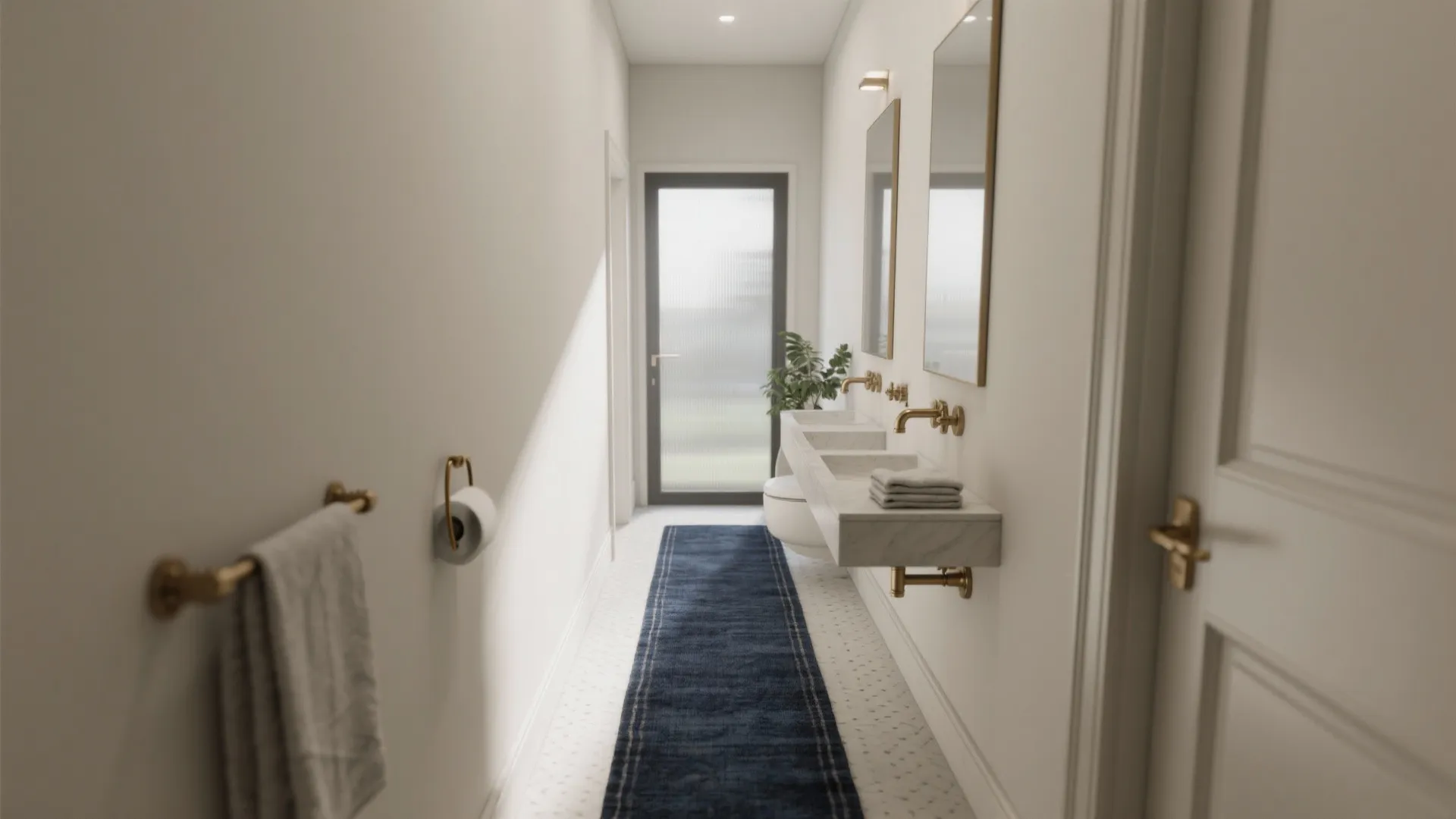 1. Navy runner to elongate a narrow bathroom