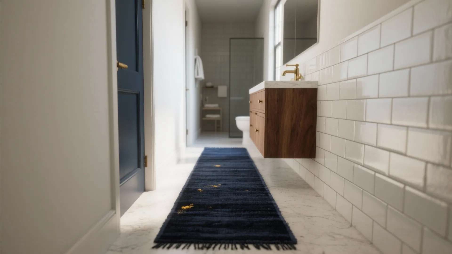 1. Navy runner to elongate narrow bathrooms