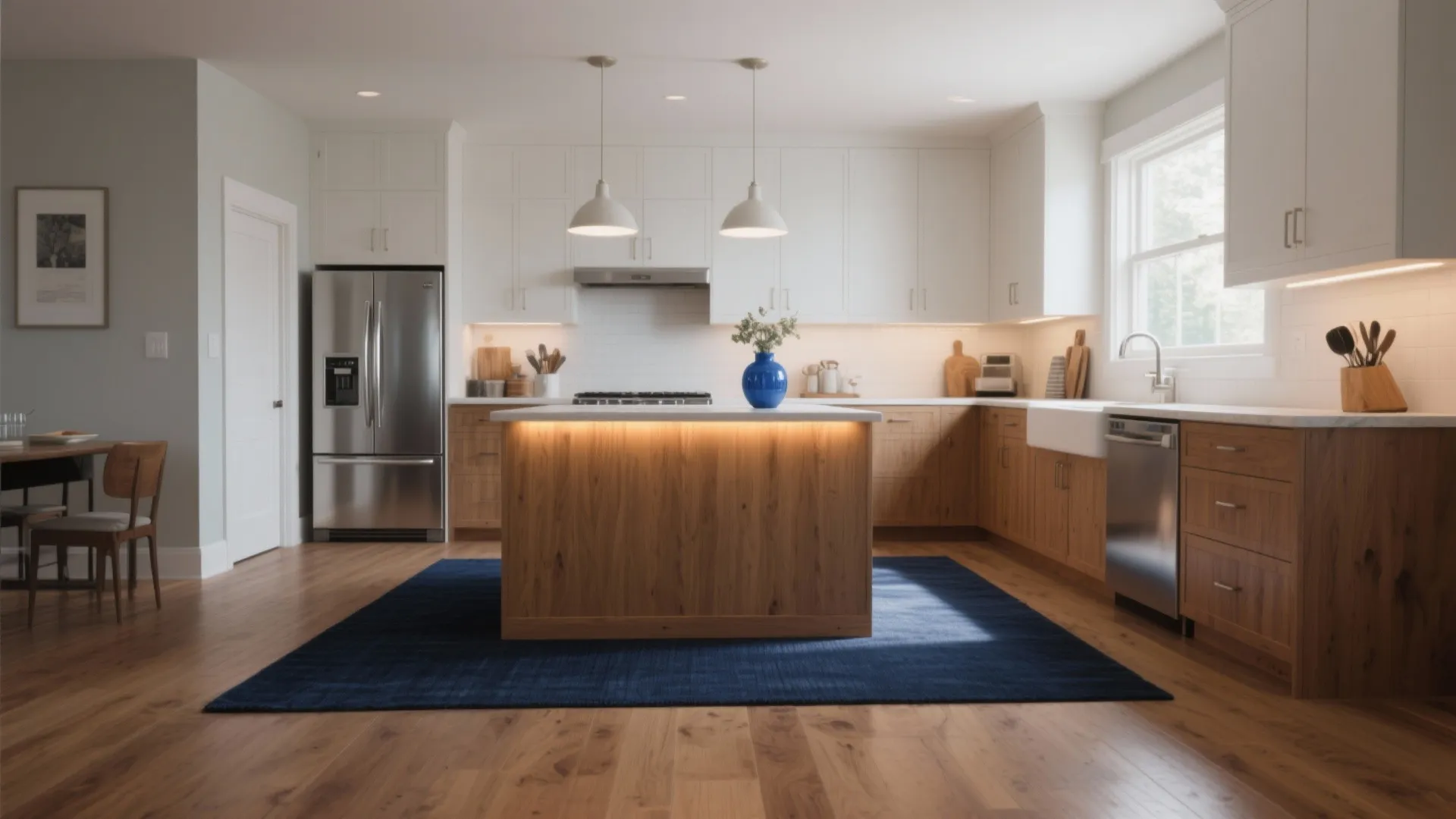 Modern kitchen with wood island blue rug white cabinets ceiling lights and stainless steel fridge