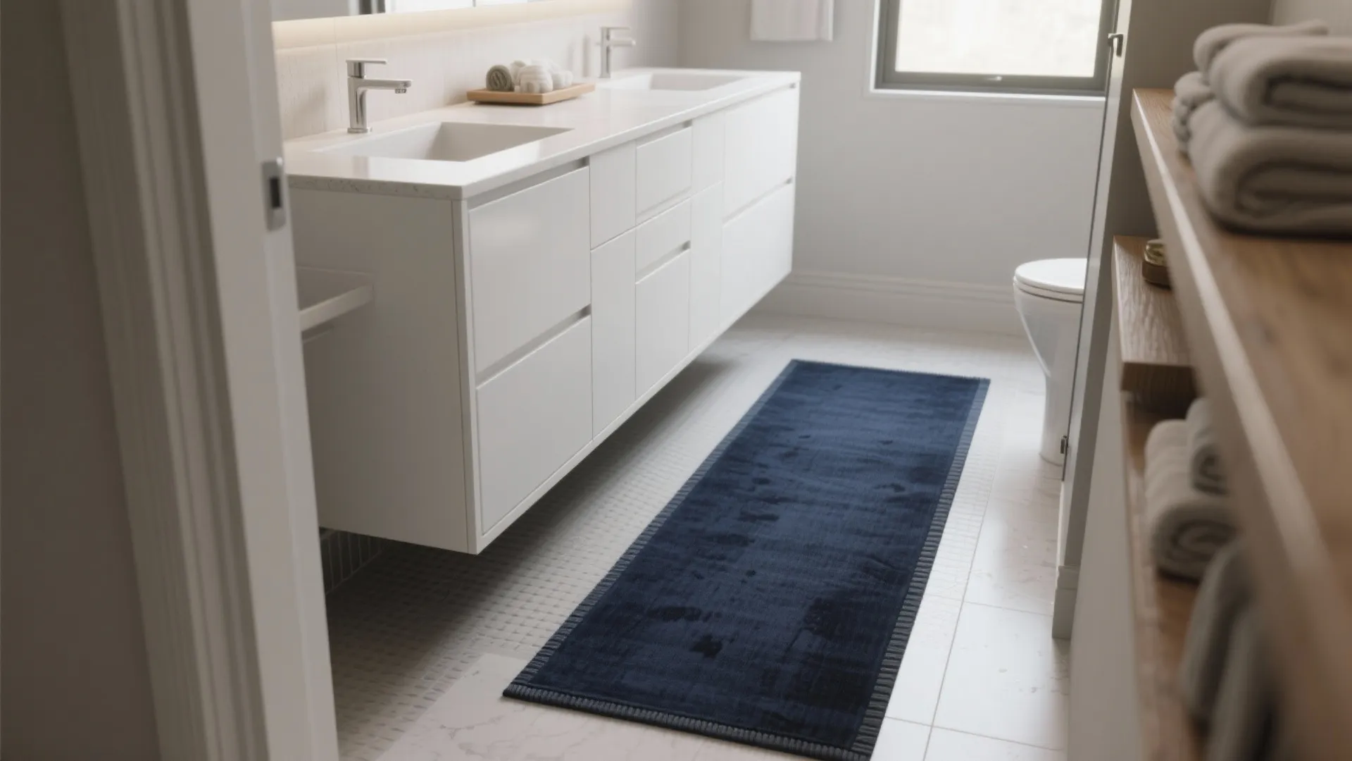 Modern white bathroom vanity with double sinks and long navy blue rug on tiled floor