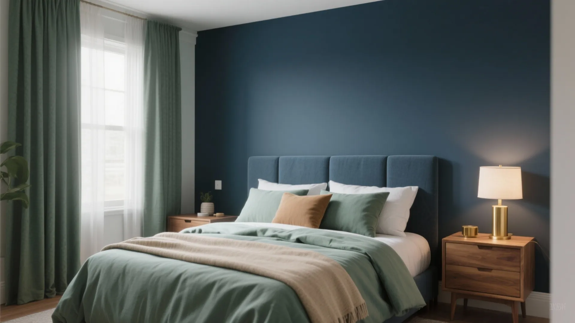 Navy blue bedroom featuring green curtains blue bed with green bedding and wooden side table lamps