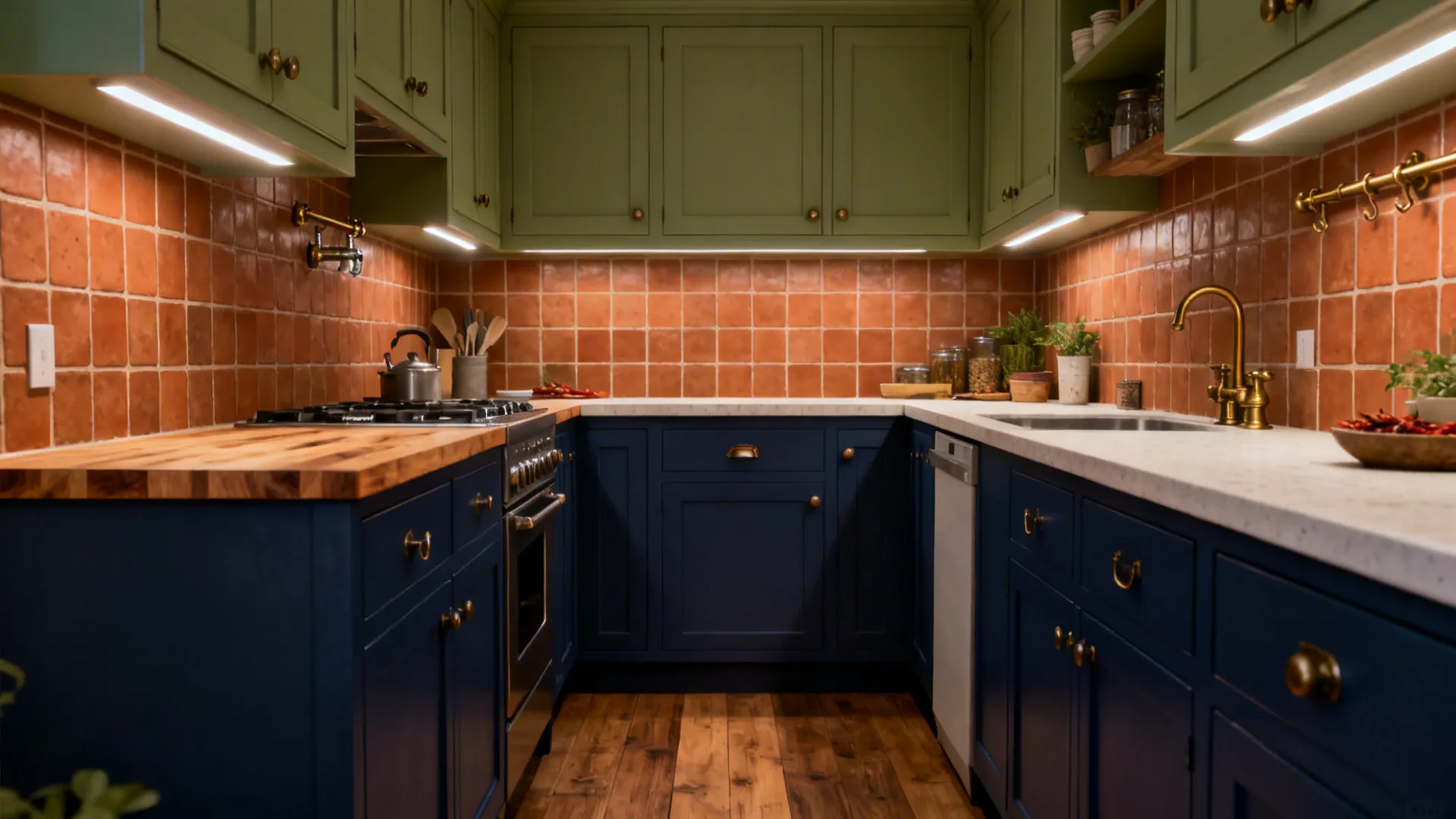 Idea 1: Navy Lowers + Sage Uppers + Terracotta Backsplash