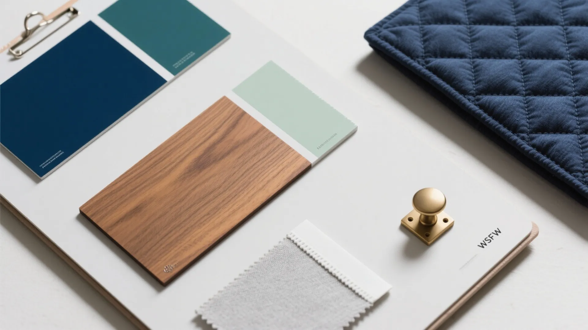 Mood board showing navy and green color paint samples, wood texture, fabric, and gold drawer handle
