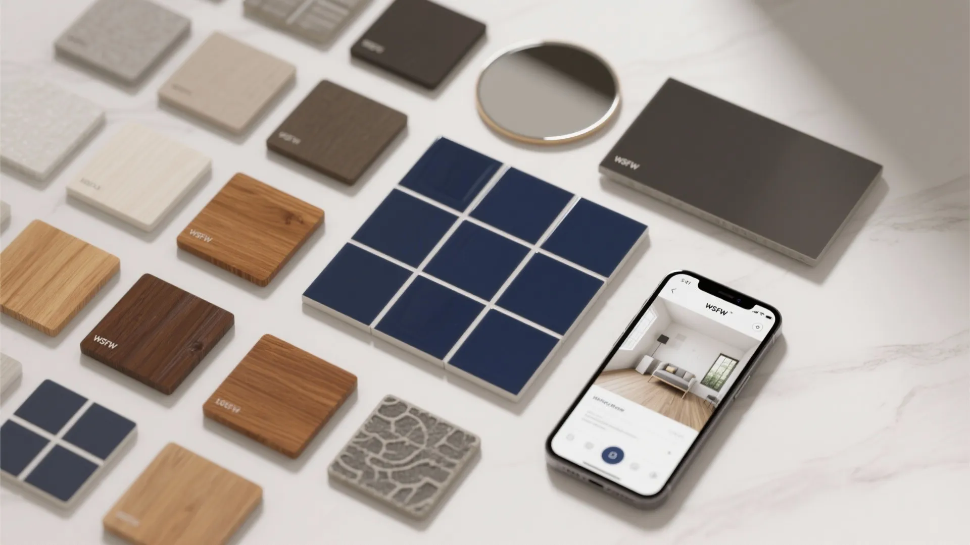 Flatlay of navy tile samples, grout chips, wood stain samples and a phone with a room planner.