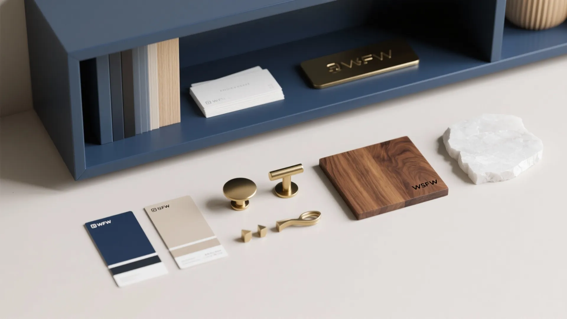 4. Navy accents and open shelving