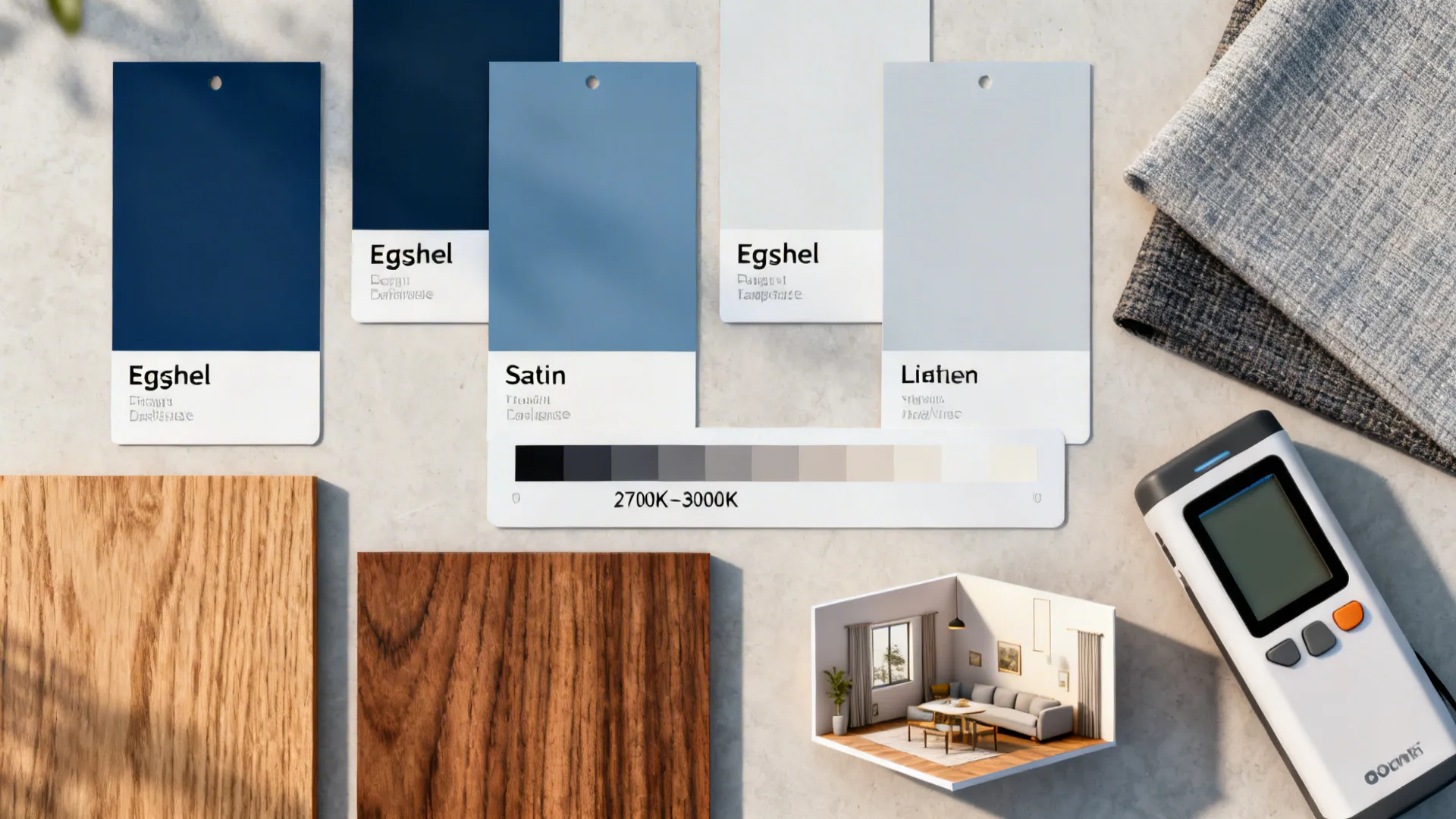 Flatlay of navy paint swatches, wood veneers, and lighting temperature samples