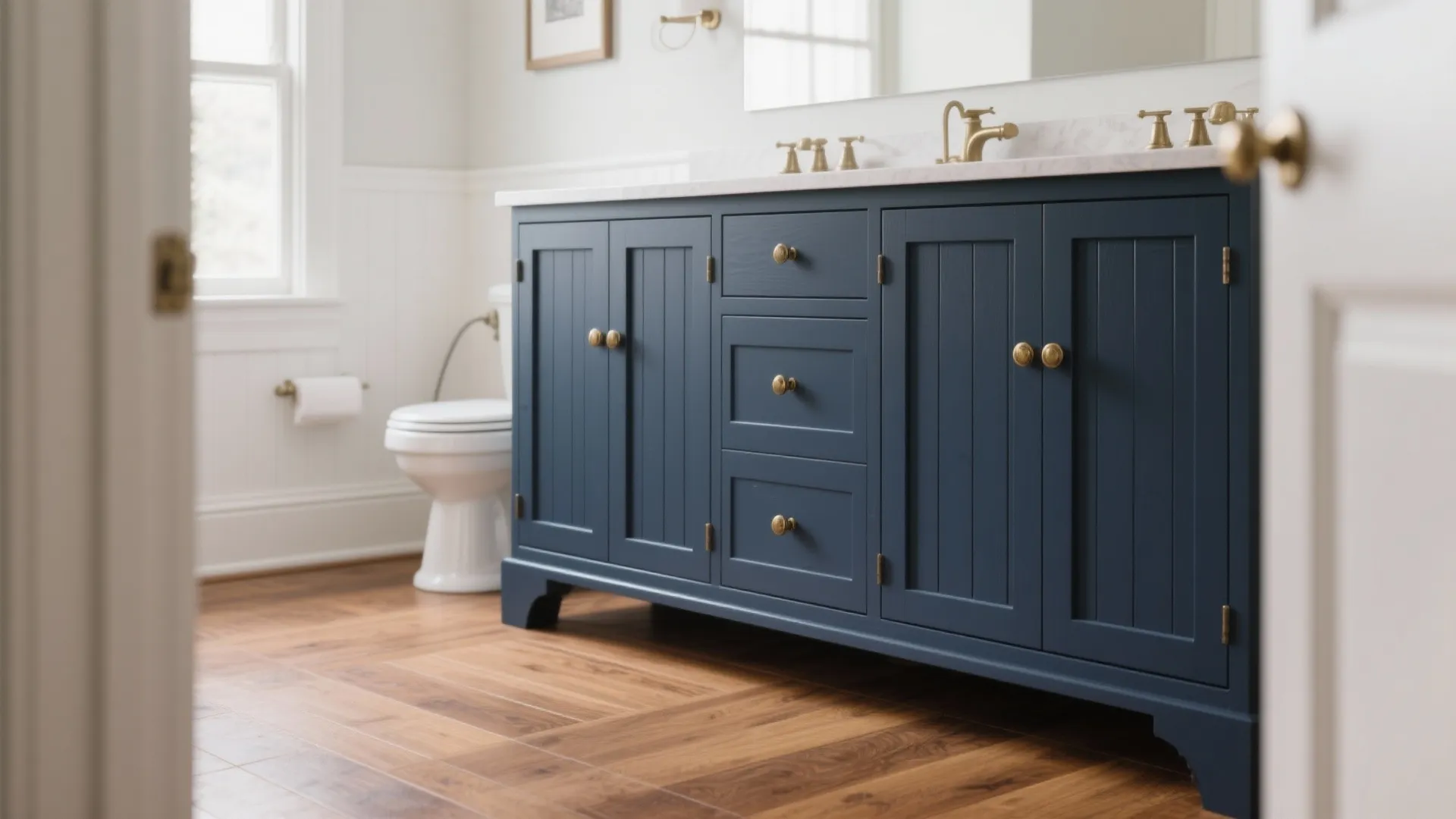 2. Navy shaker-style vanity for classic charm