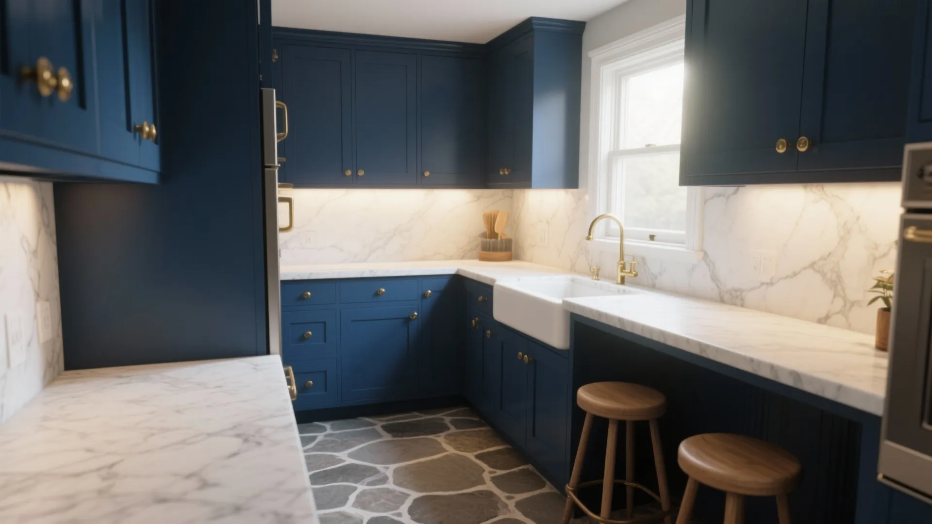 Classic kitchen featuring navy blue cabinets with gold handles white marble walls and wooden bar stools