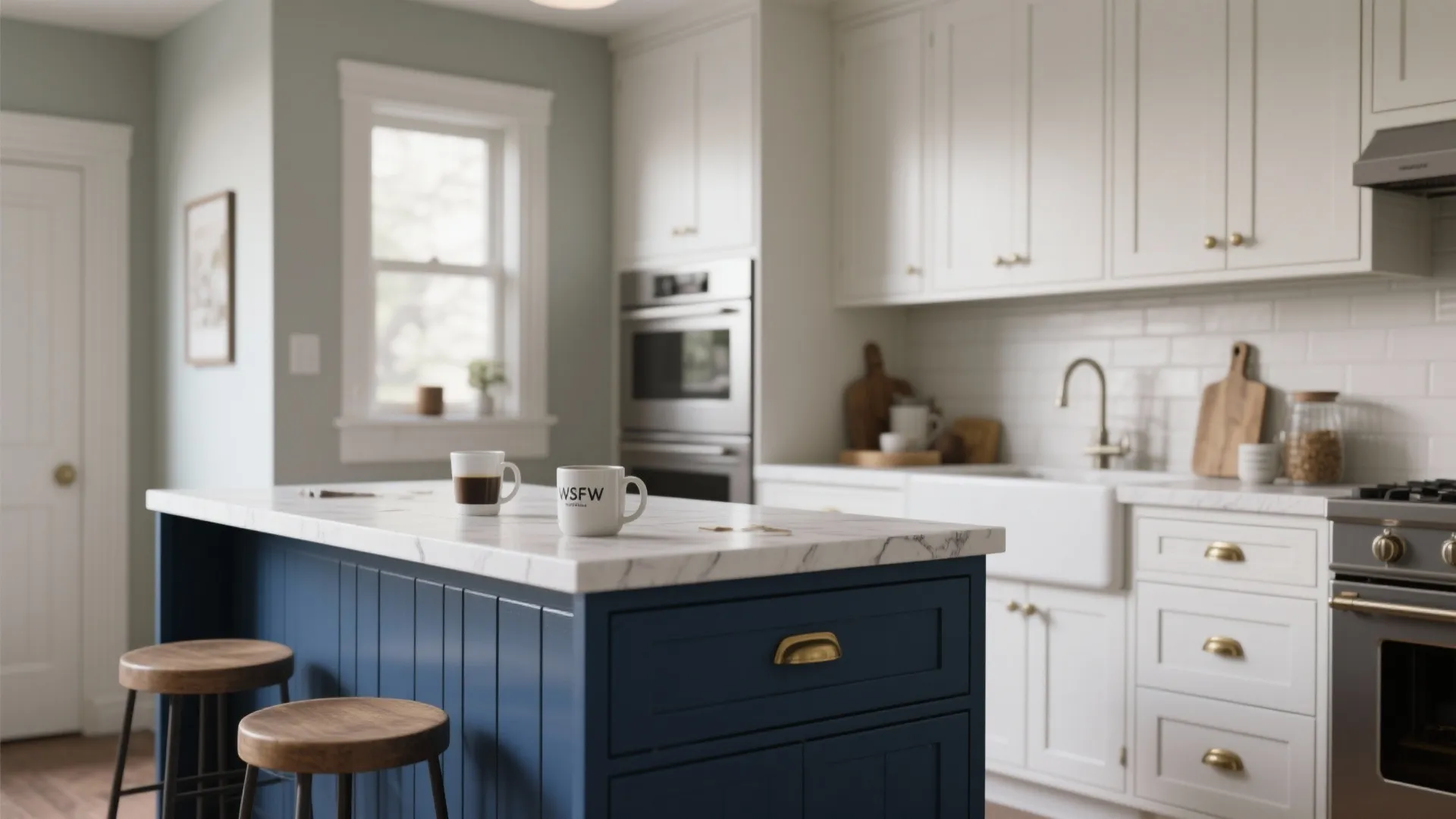 Deep navy island with satin finish beside white shaker cabinets, brass pulls, and quartz countertop.