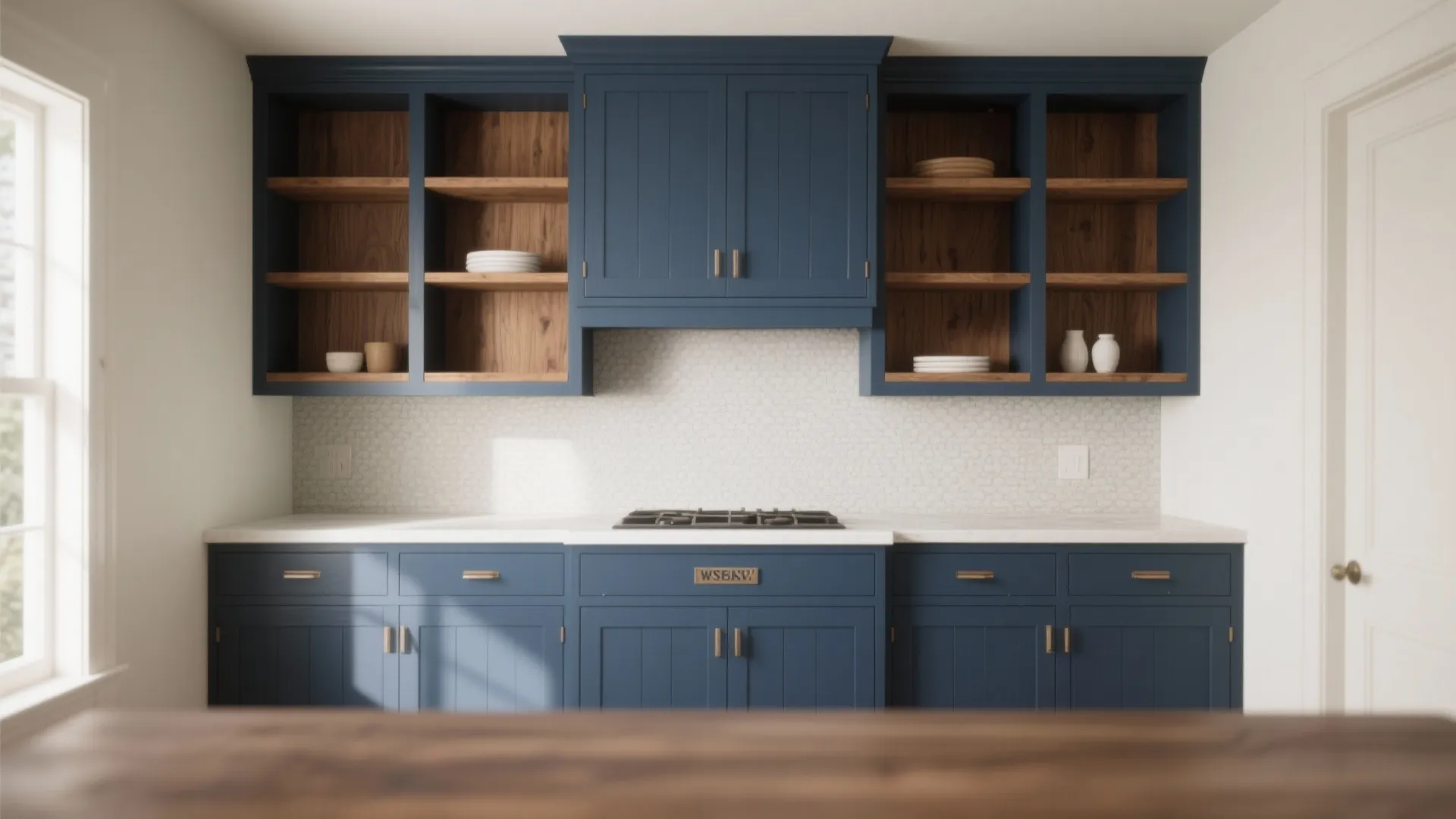4. Navy Shaker Style with Open Wood Shelving
