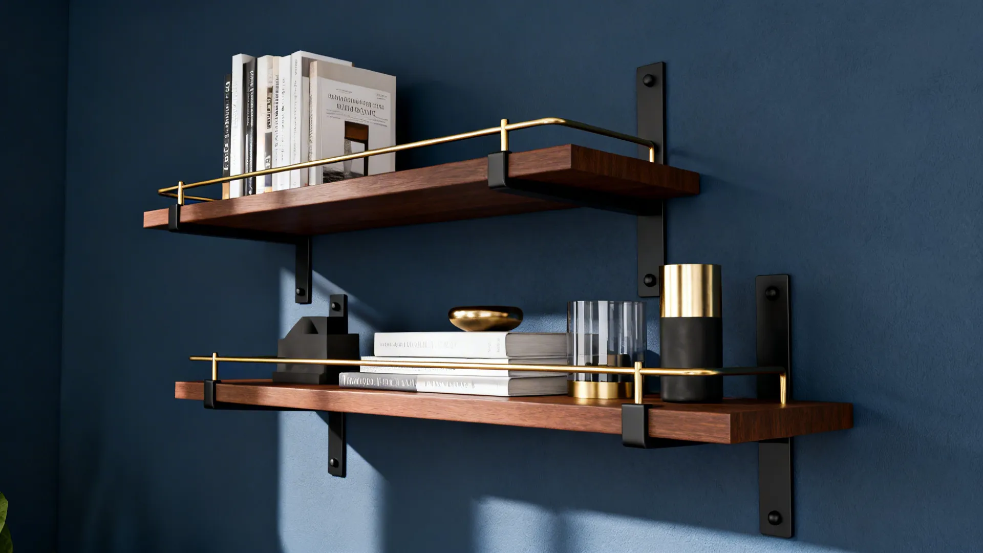 Floating brown wood shelves against navy wall with brass and black accents.