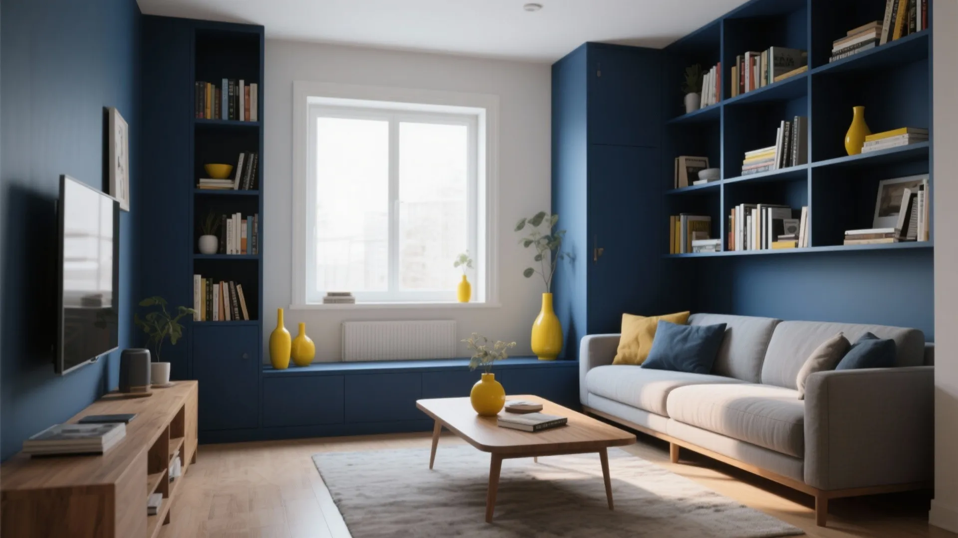 7. Blue Built-in Shelving with Yellow Accents