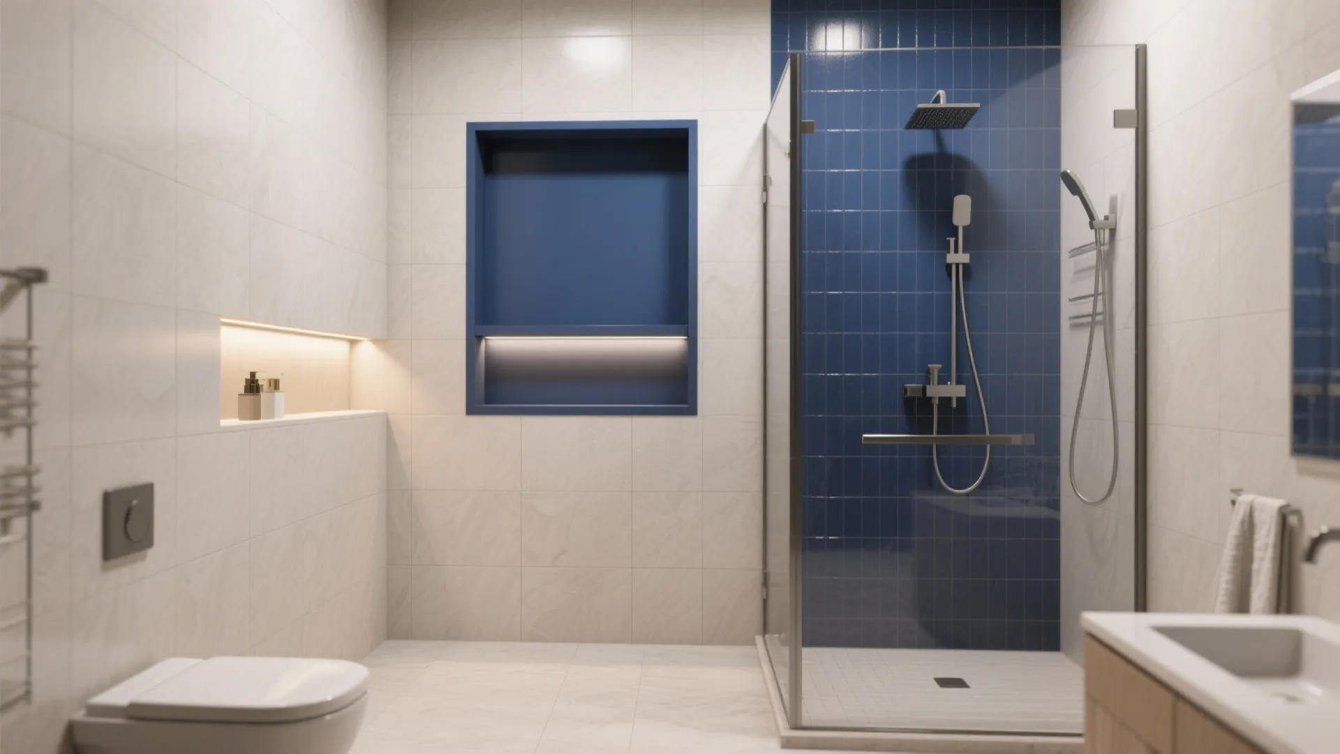 4. Navy Shower Niche and Feature Wall