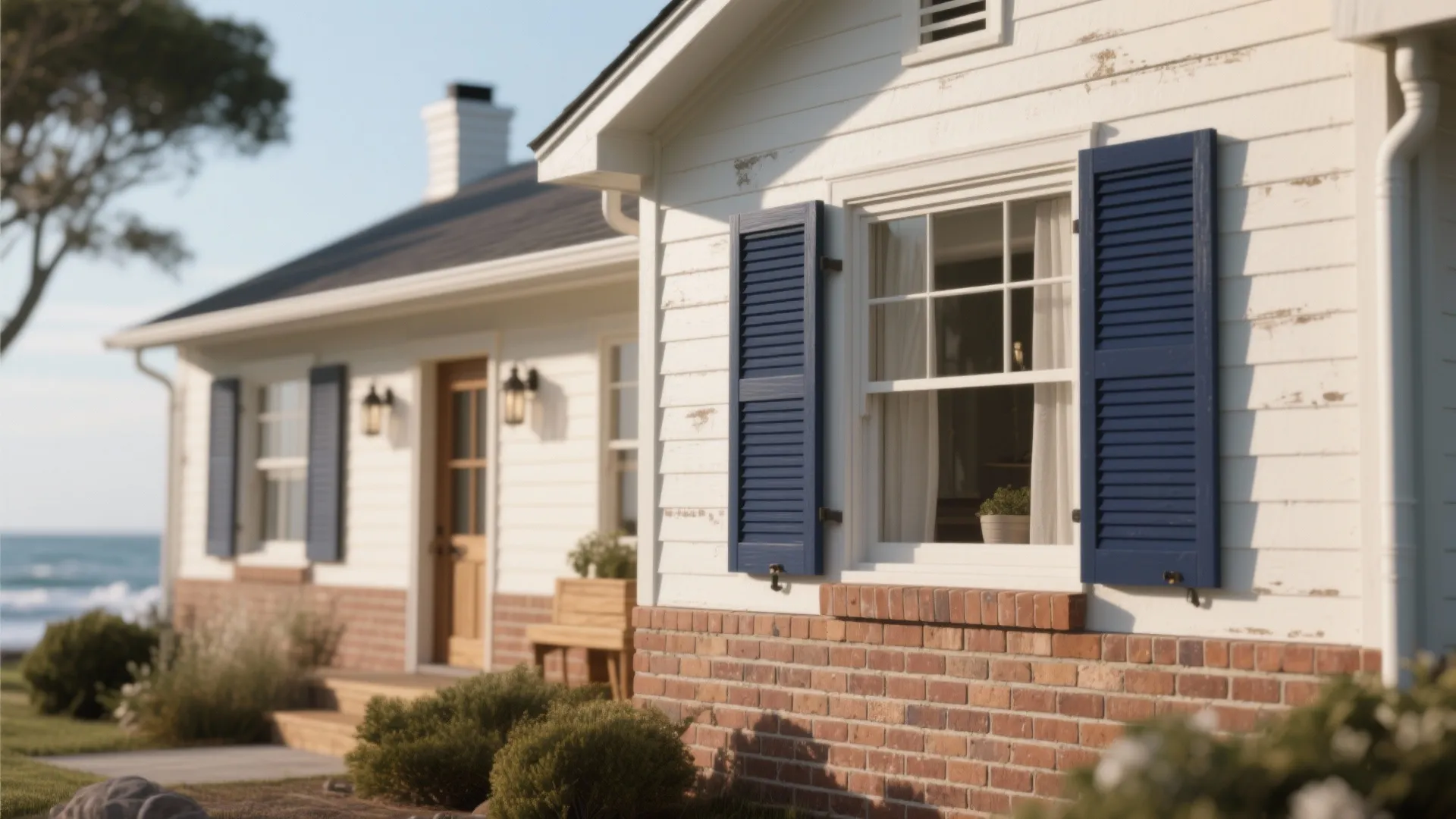 White house exterior with dark blue window shutters red brick wall and small green plants
