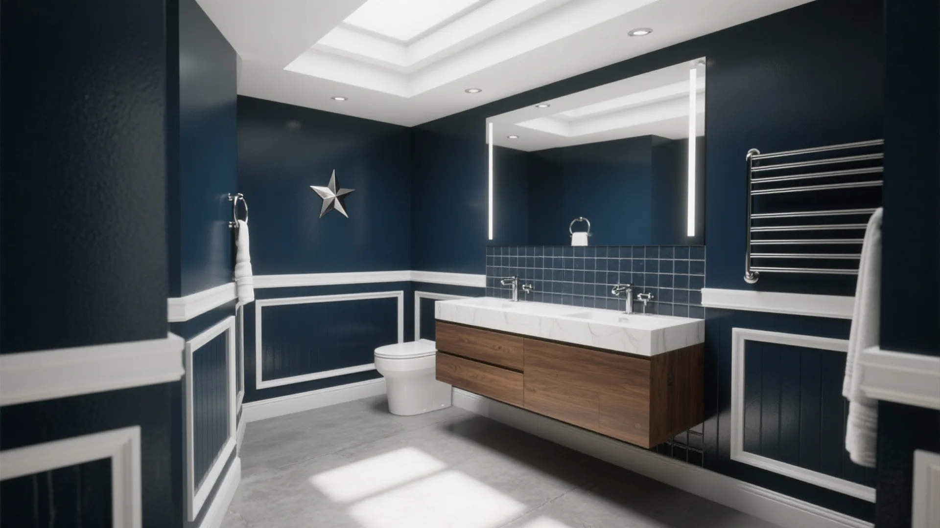 Modern navy blue bathroom with white wall panels wood cabinet double sink and large mirror