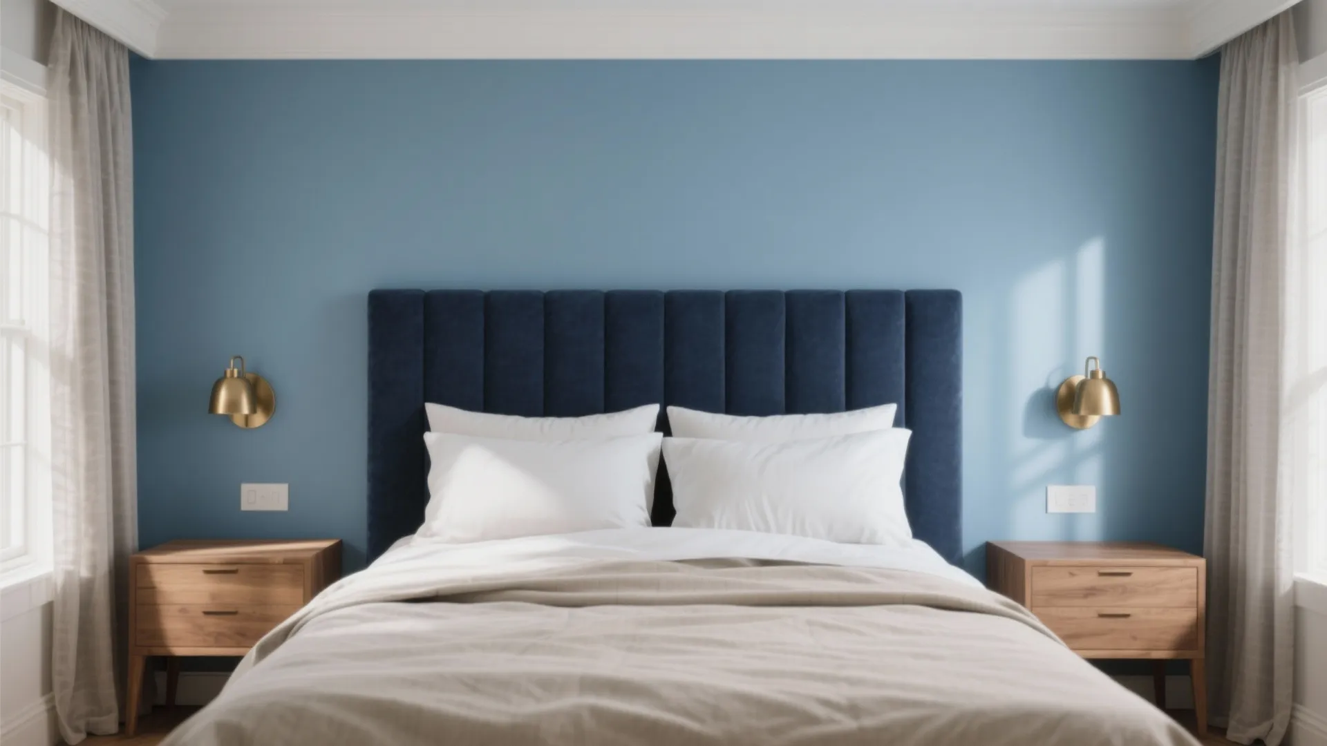 Calm bedroom with navy headboard wall and sky blue adjacent walls, linen bedding, oak nightstands, brass sconces in soft daylight.