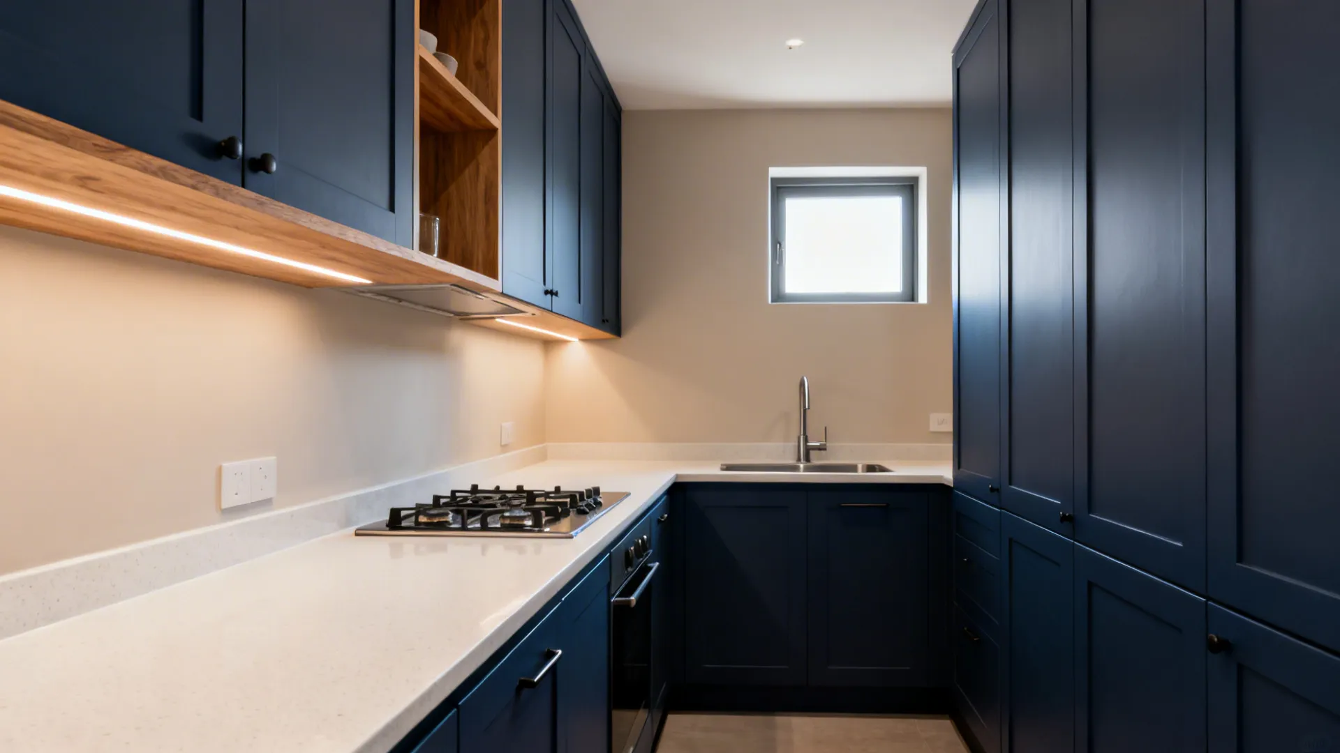 Minimal slim-shaker navy base cabinets with matte finish and edge pulls in a compact galley kitchen.