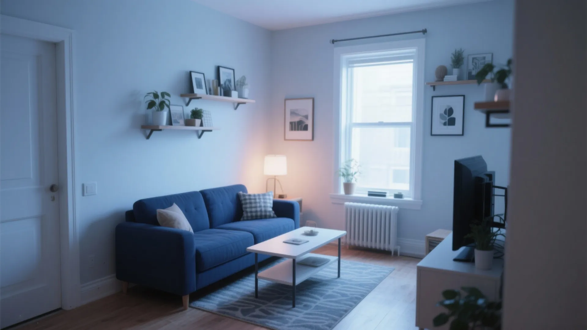 6. Navy Couch in Small Living Room Layouts