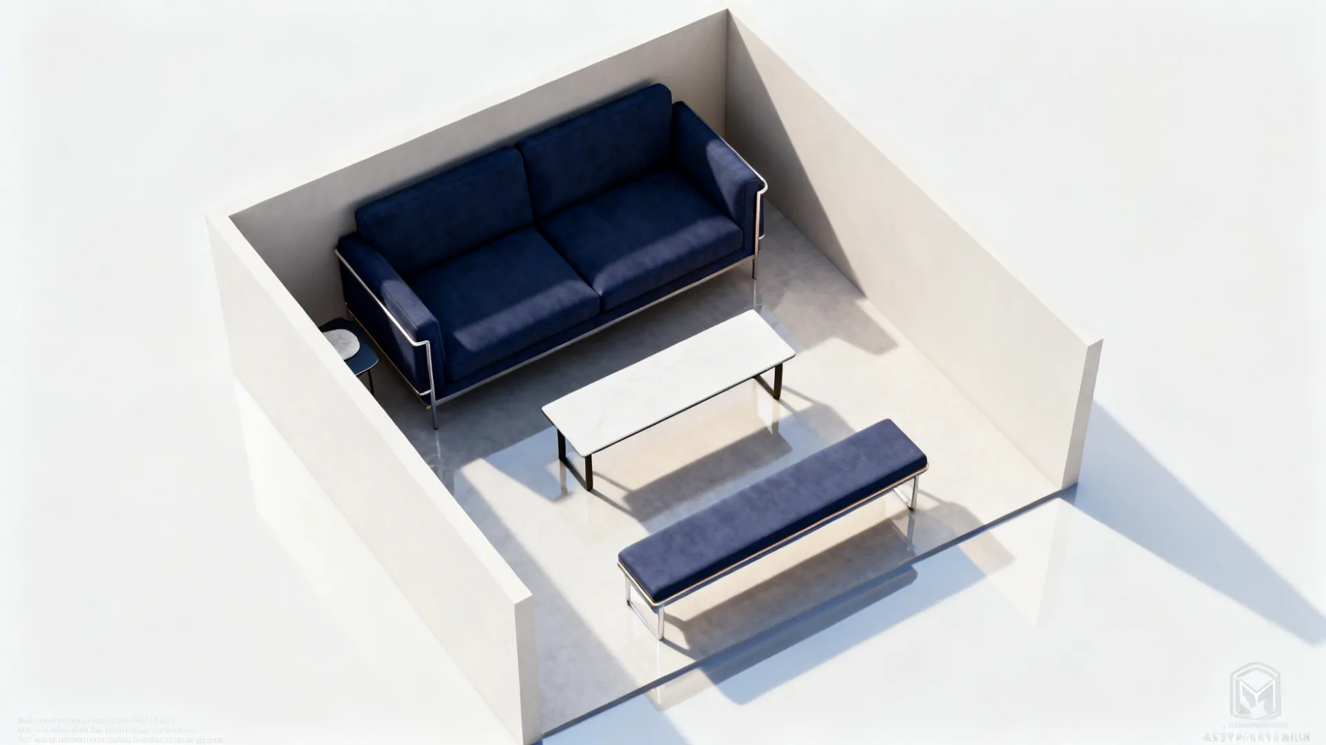 Top-down layout of a small room with a navy loveseat and a slim bench instead of a coffee table.