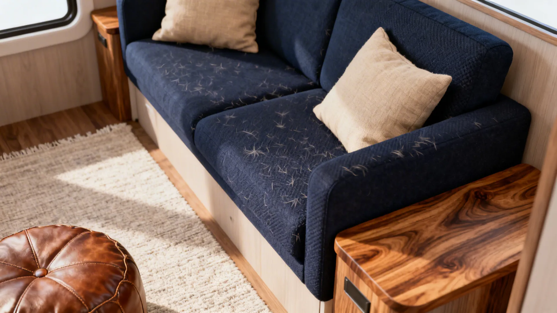 Navy sofa styled with beige pillows, light rug and wooden side tables in a compact living area.